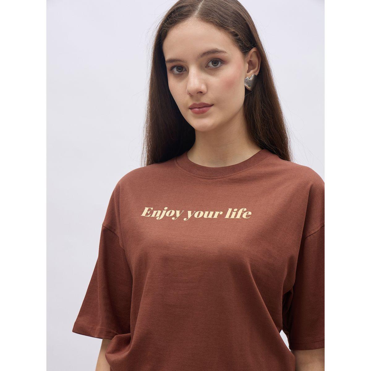 Styli Brown Slogan Print Oversized T-Shirt-women-clothing-tshirts-image-4