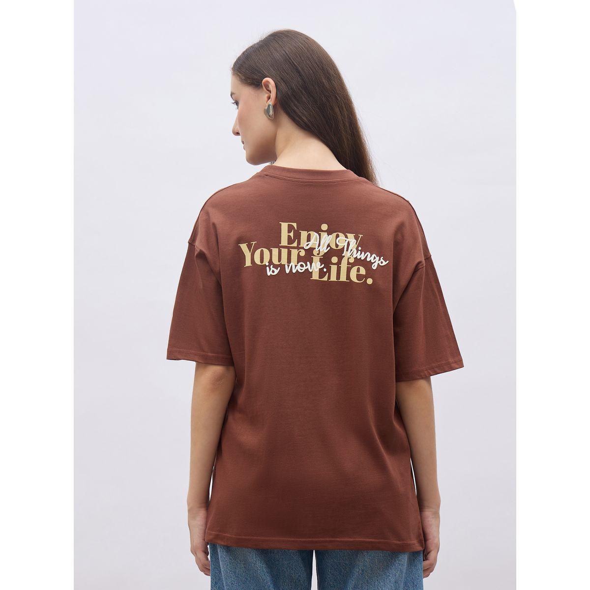 Styli Brown Slogan Print Oversized T-Shirt-women-clothing-tshirts-image-5
