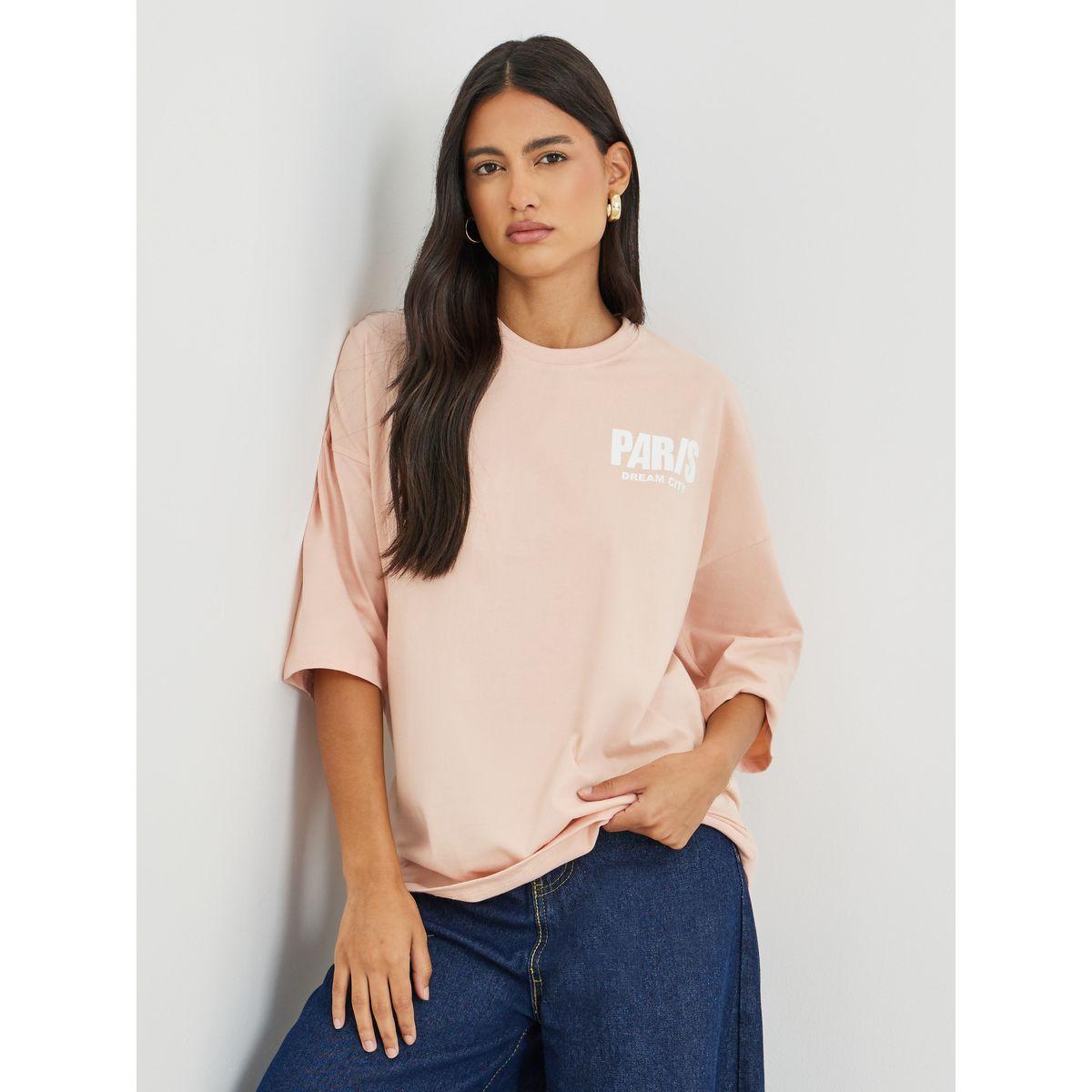 Styli Slogan Print Exaggerated Shoulder Oversized T-Shirt-women-clothing-tshirts-image-2