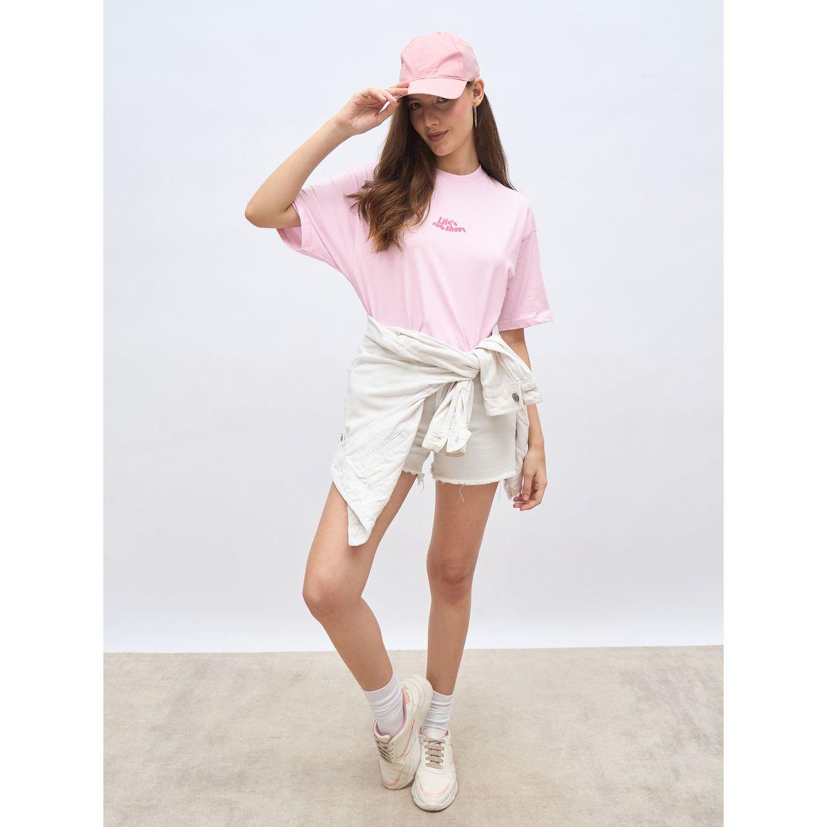 تيشيرت فضفاض بطبعة كتابة وأكمام قصيرة-women-clothing-tshirts-image-1