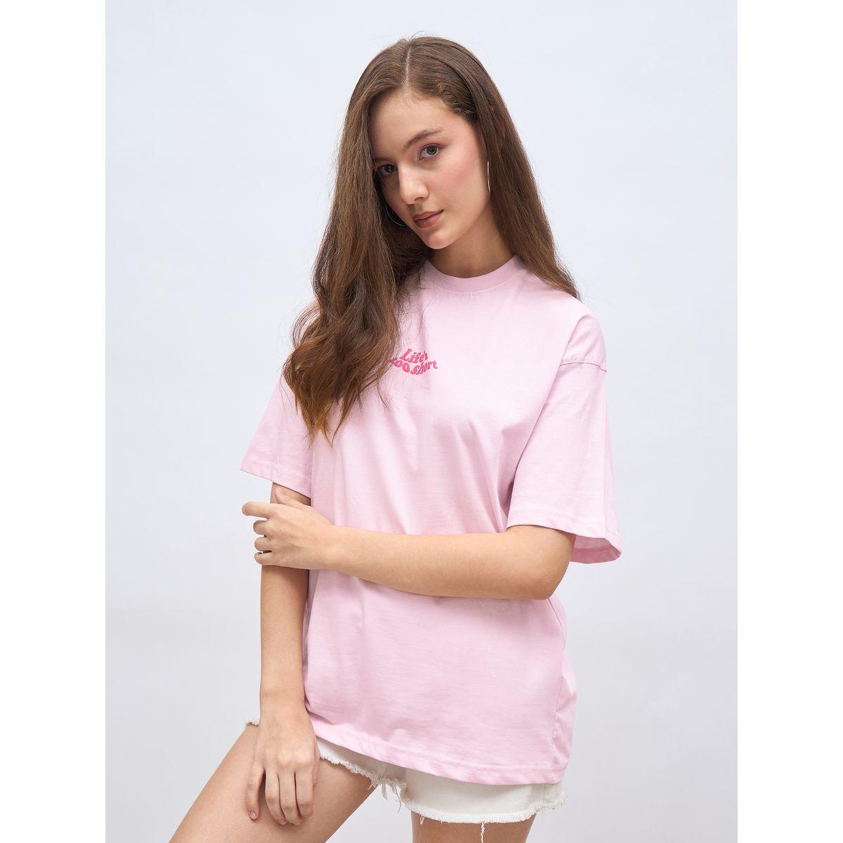 تيشيرت فضفاض بطبعة كتابة وأكمام قصيرة-women-clothing-tshirts-image-3