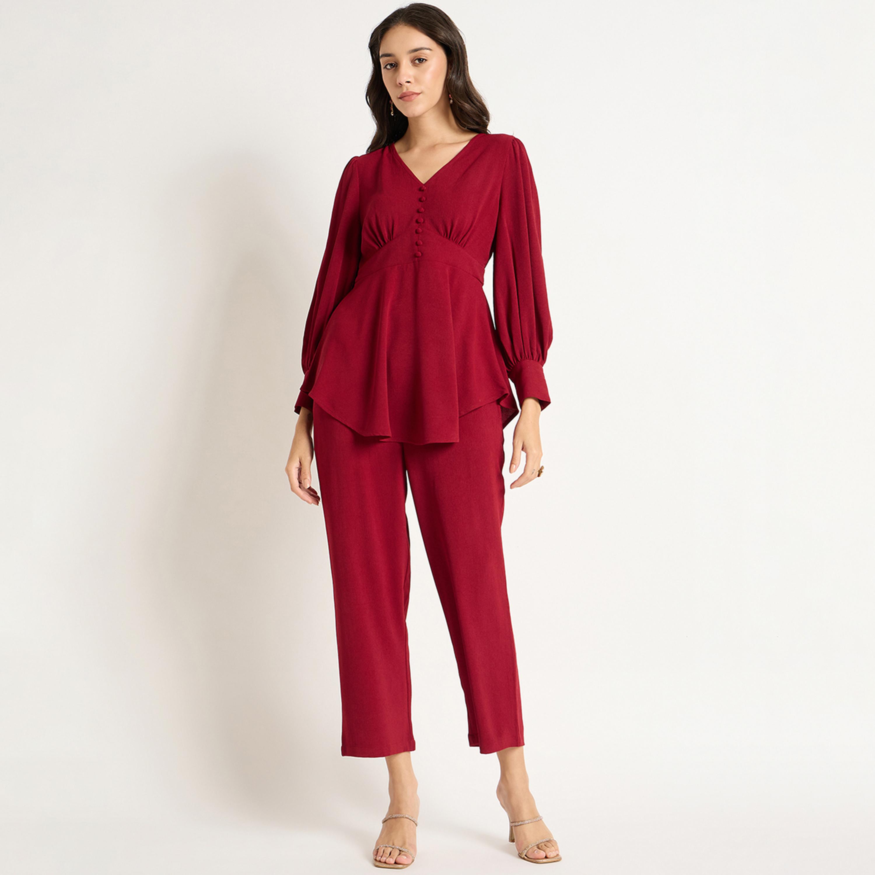 Femmella X Styli Deep Red Crinkle V-Neck Co-Ord Set-women-clothing-coordsets-image-1
