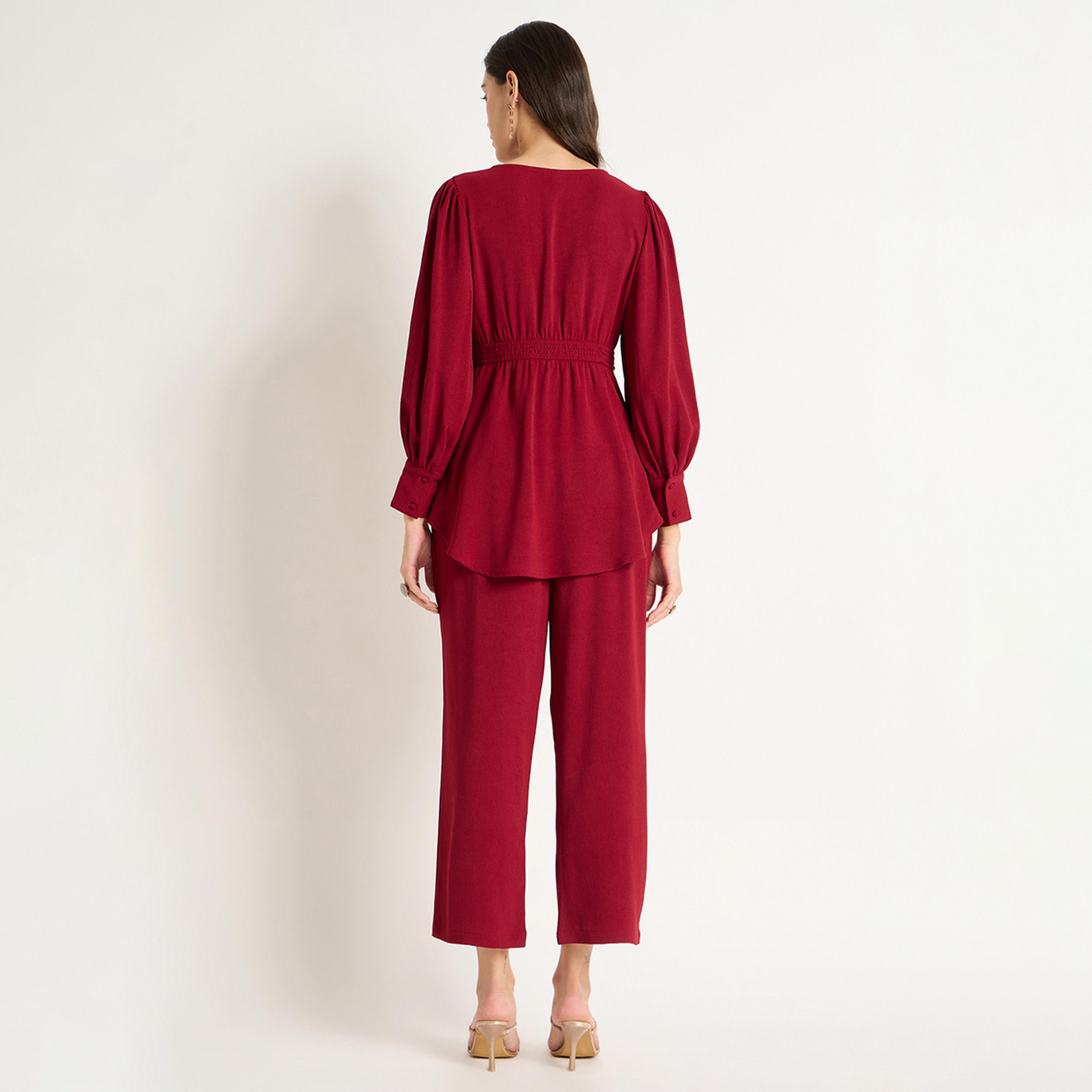 فيميلا × ستايلي - طقم منسق برقبة على شكل حرف V باللون الأحمر الداكن-women-clothing-coordsets-image-2