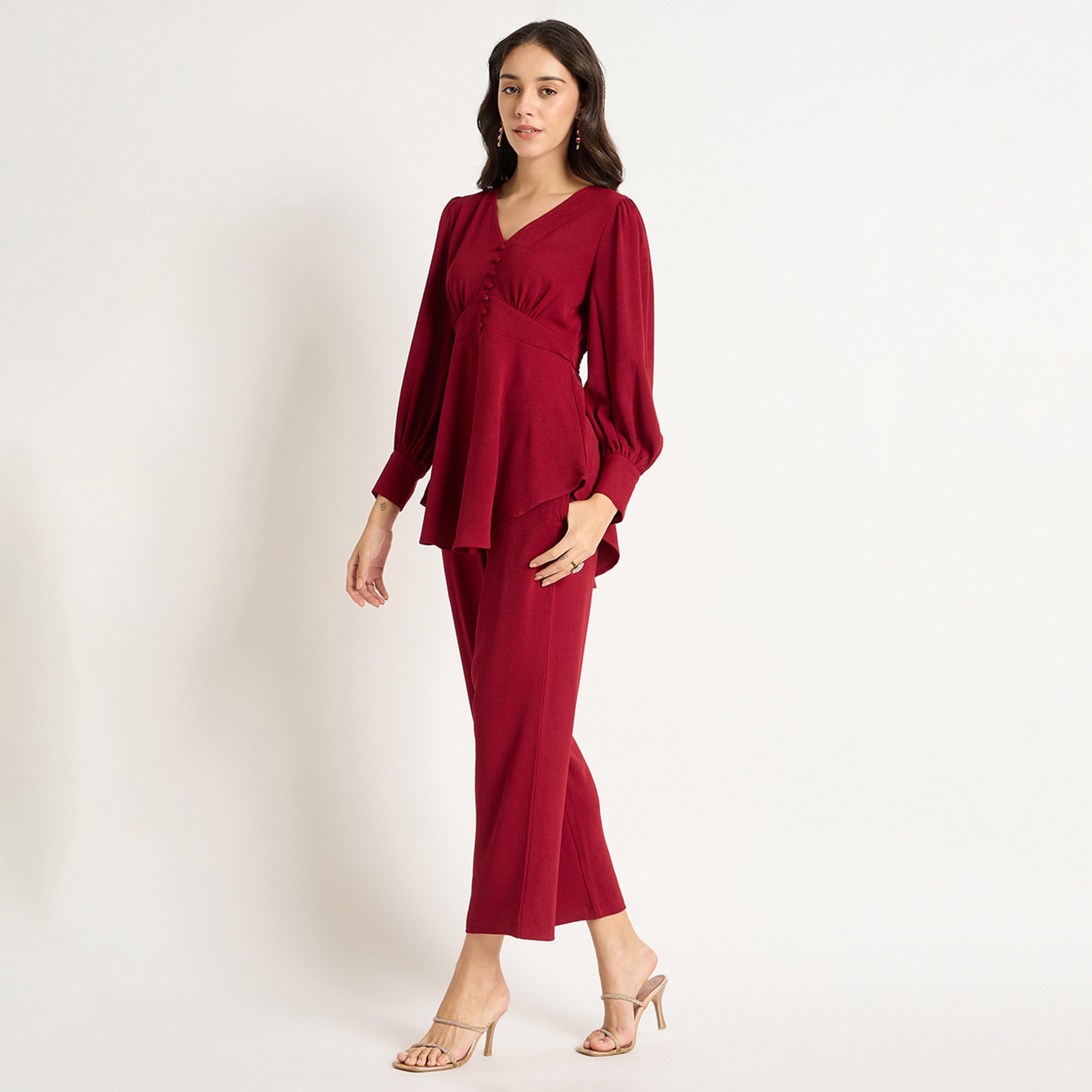 فيميلا × ستايلي - طقم منسق برقبة على شكل حرف V باللون الأحمر الداكن-women-clothing-coordsets-image-3
