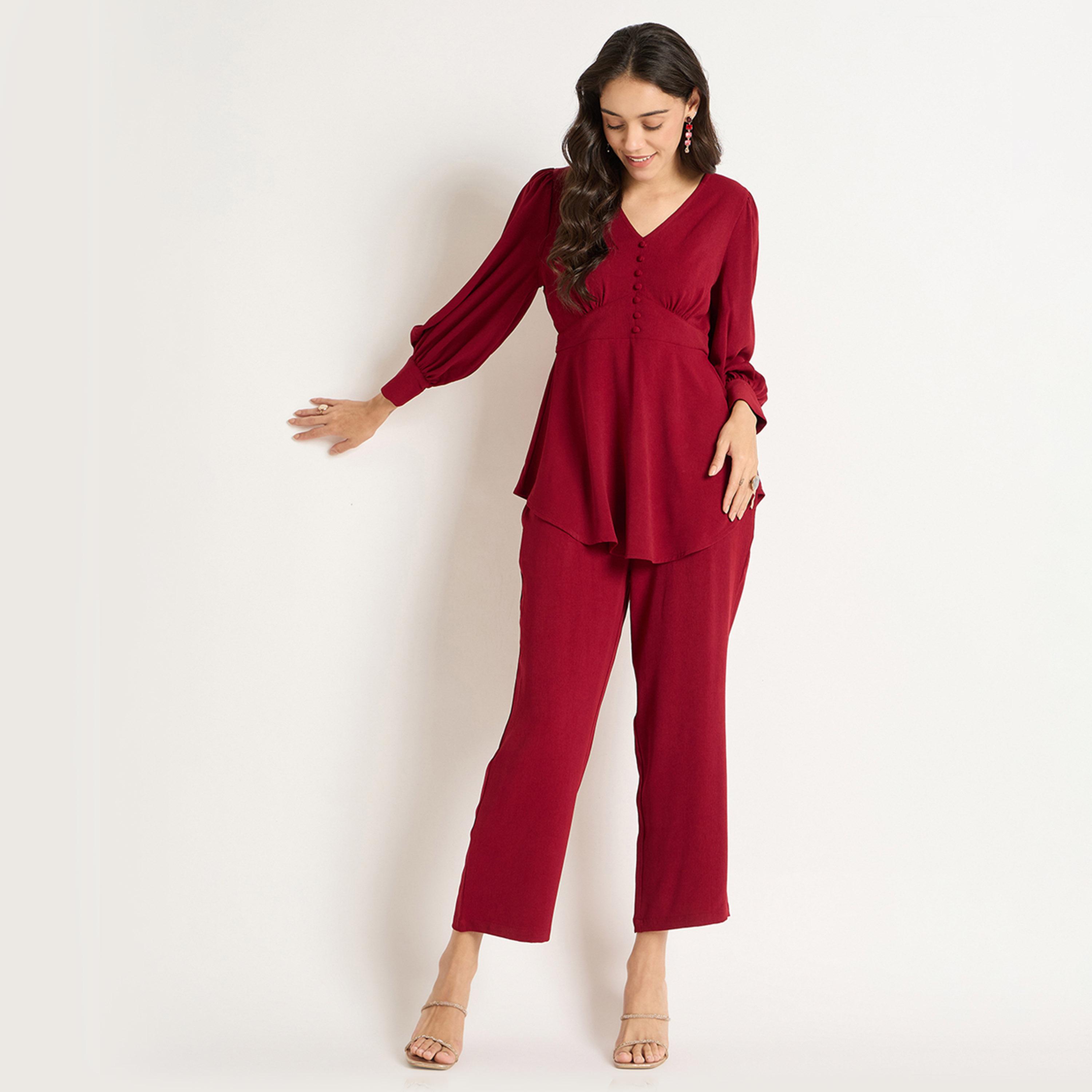 فيميلا × ستايلي - طقم منسق برقبة على شكل حرف V باللون الأحمر الداكن-women-clothing-coordsets-image-6