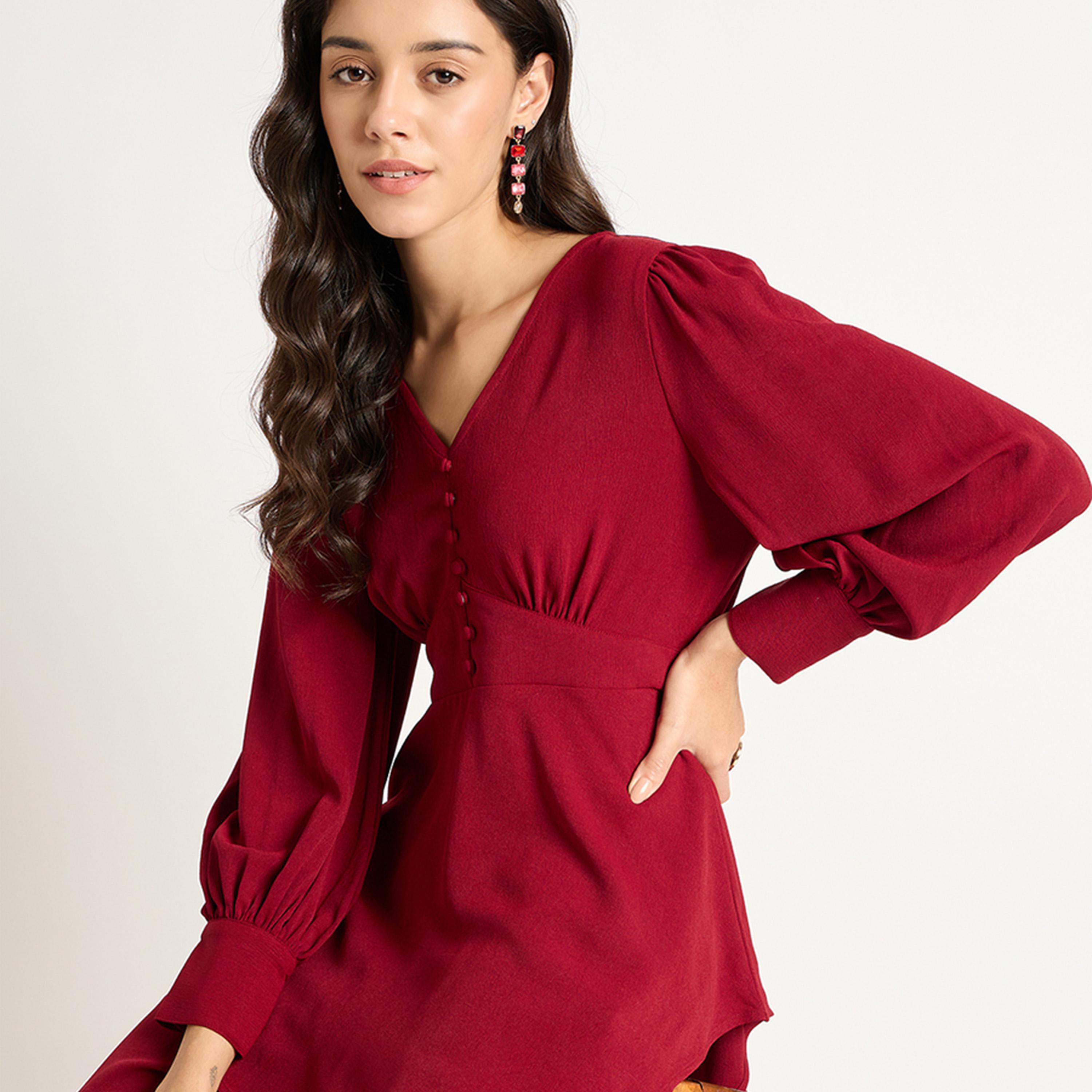 Femmella X Styli Deep Red Crinkle V-Neck Co-Ord Set-women-clothing-coordsets-image-7