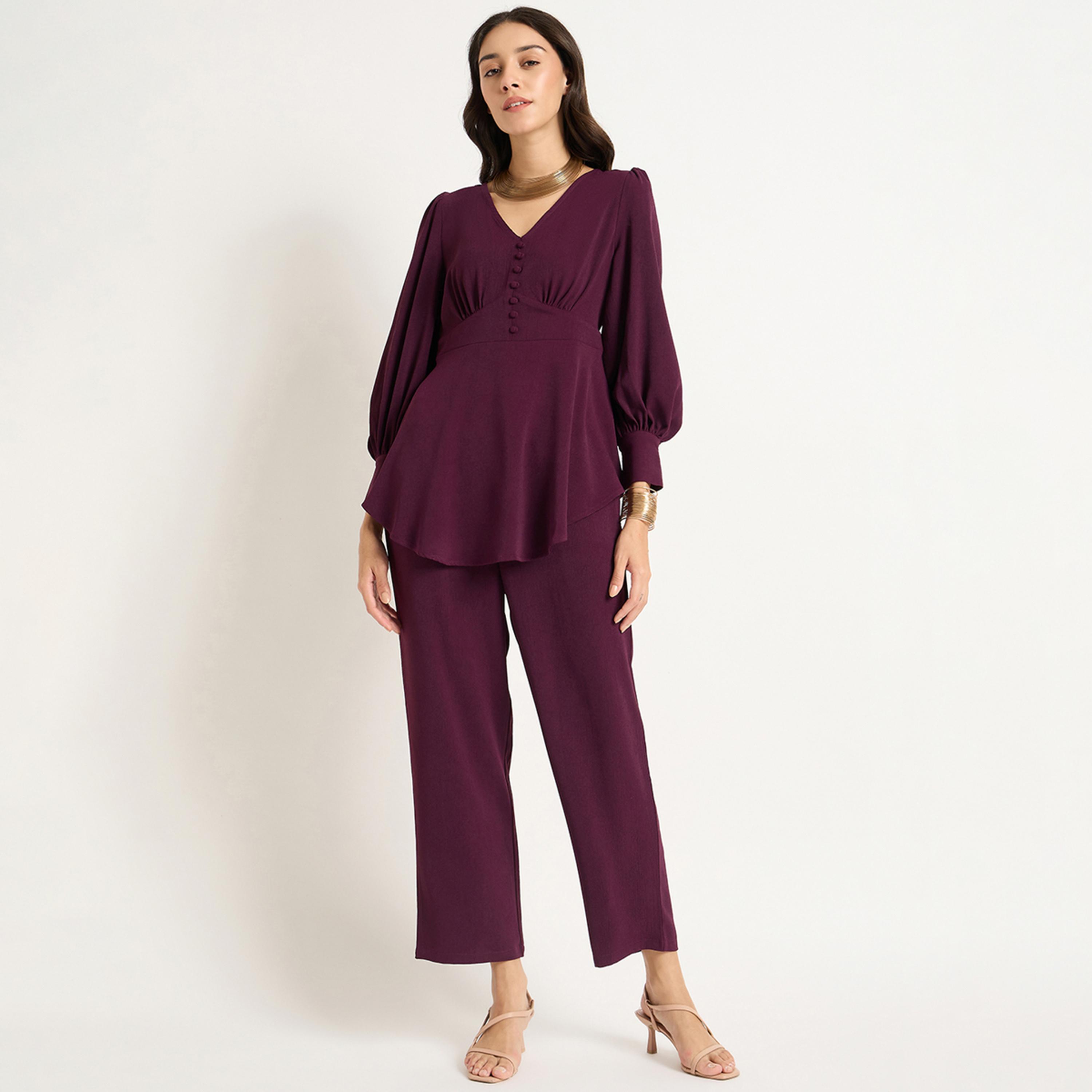 Femmella X Styli Wine Crinkle V-Neck Co-Ord Set-women-clothing-coordsets-image-1
