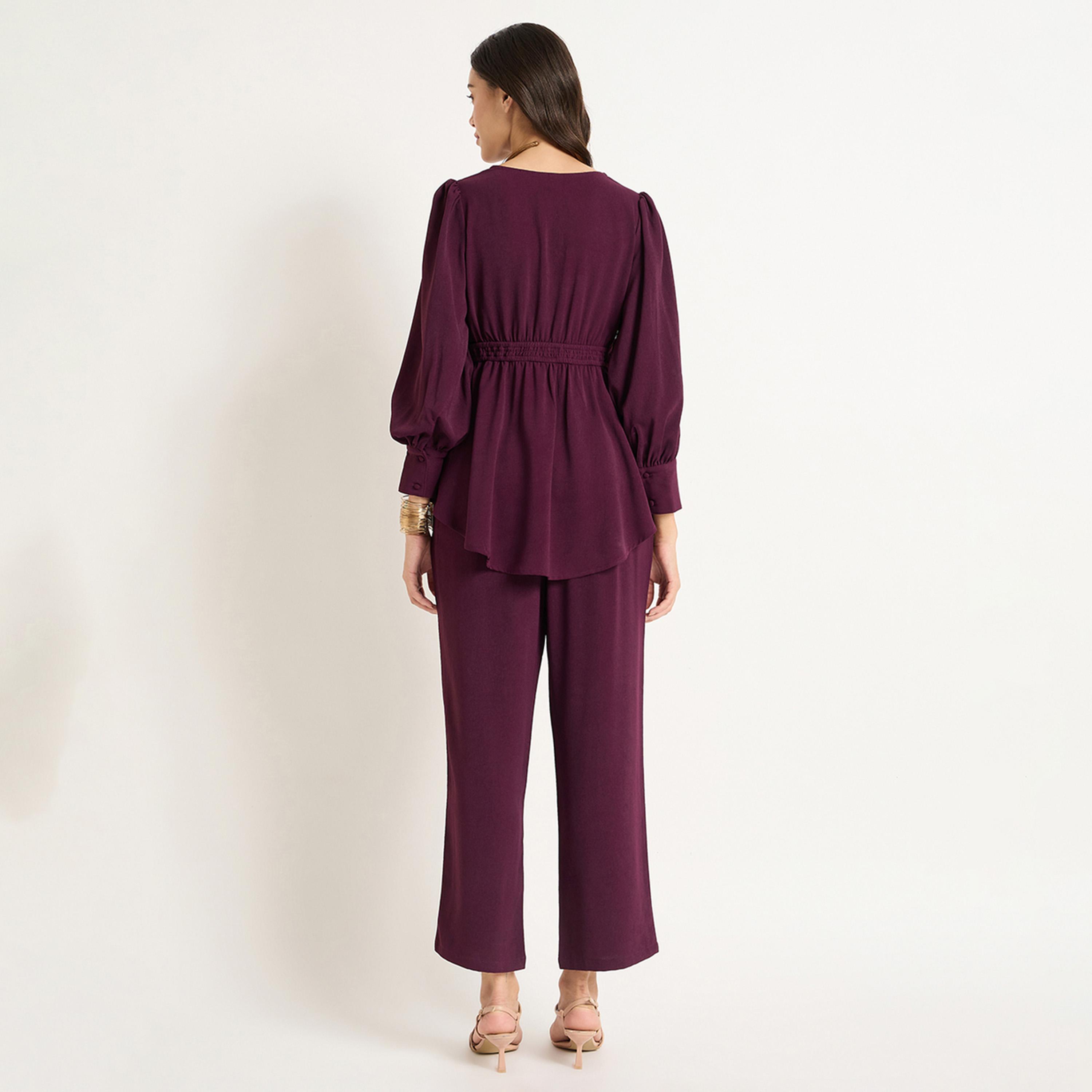 فيميلا × ستايلي - طقم برقبة على شكل حرف V بلون نبيذي-women-clothing-coordsets-image-2