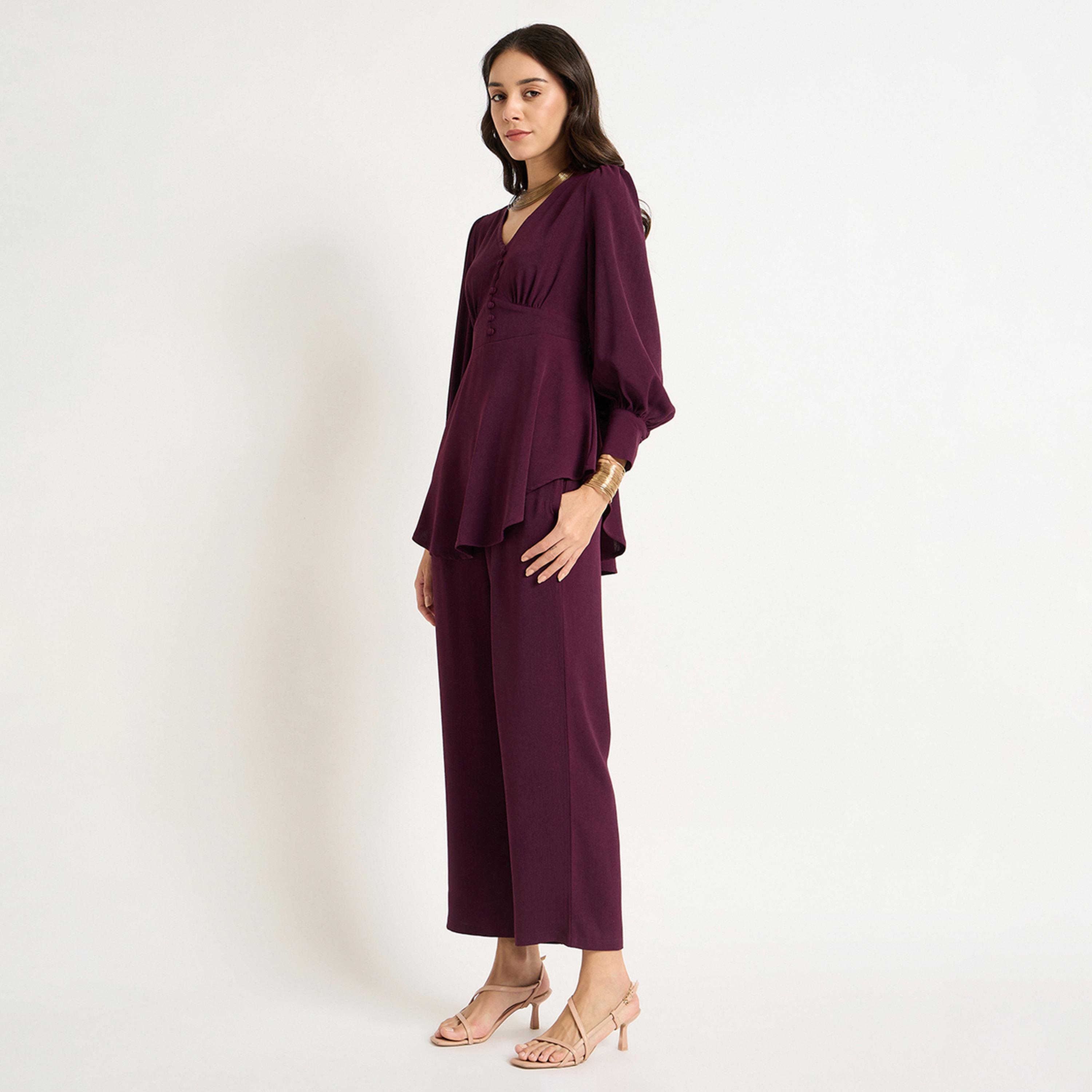 Femmella X Styli Wine Crinkle V-Neck Co-Ord Set-women-clothing-coordsets-image-4