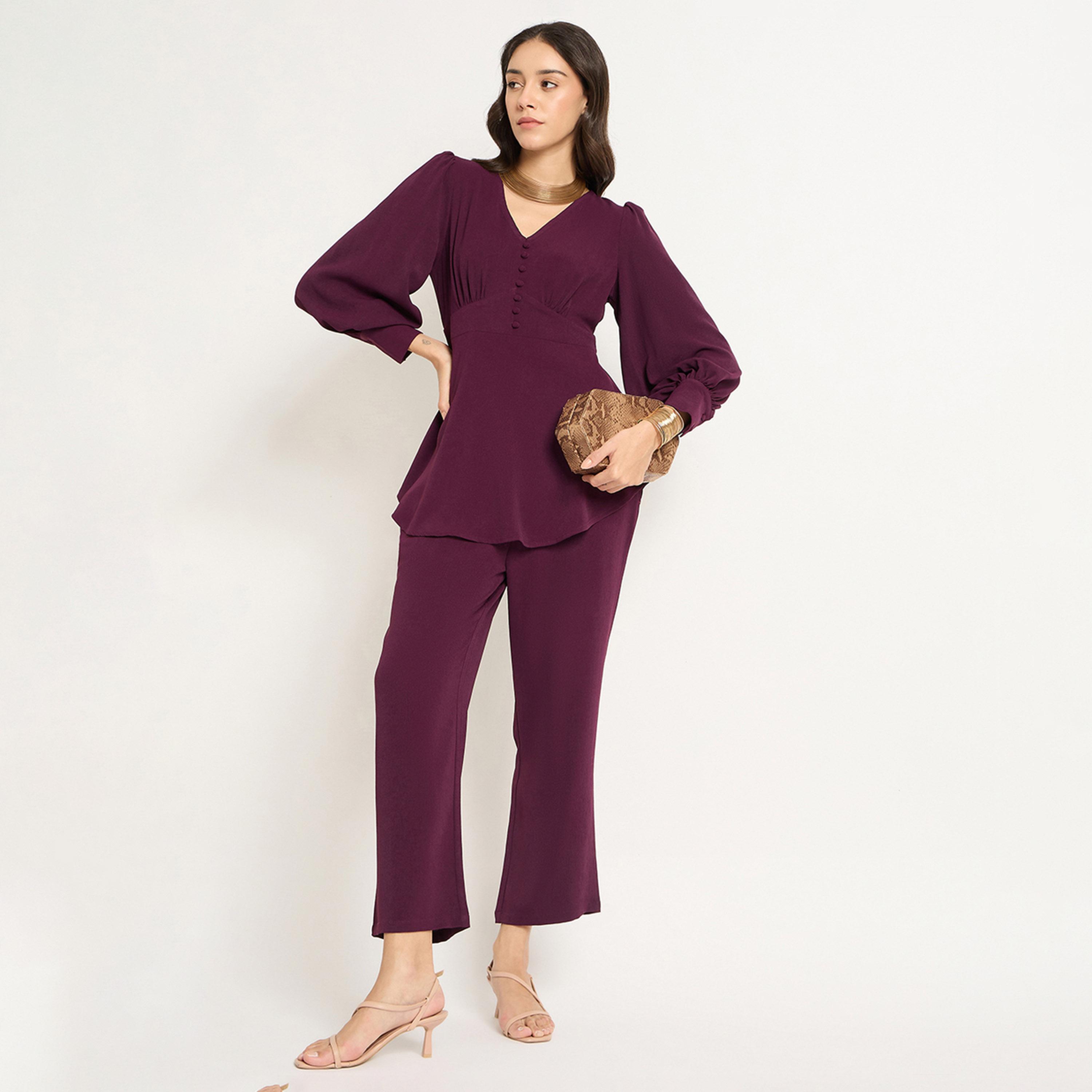 Femmella X Styli Wine Crinkle V-Neck Co-Ord Set-women-clothing-coordsets-image-6