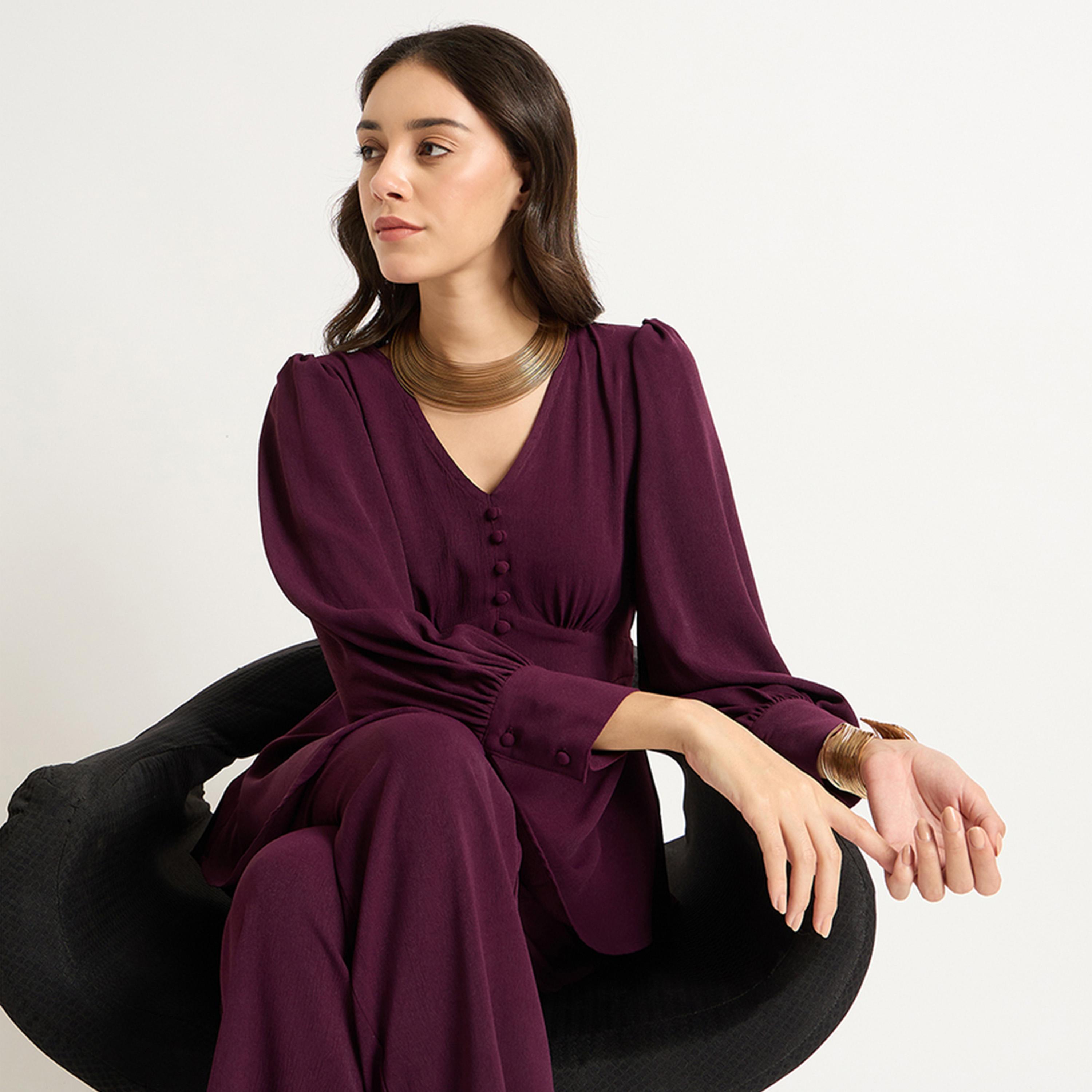 Femmella X Styli Wine Crinkle V-Neck Co-Ord Set-women-clothing-coordsets-image-7