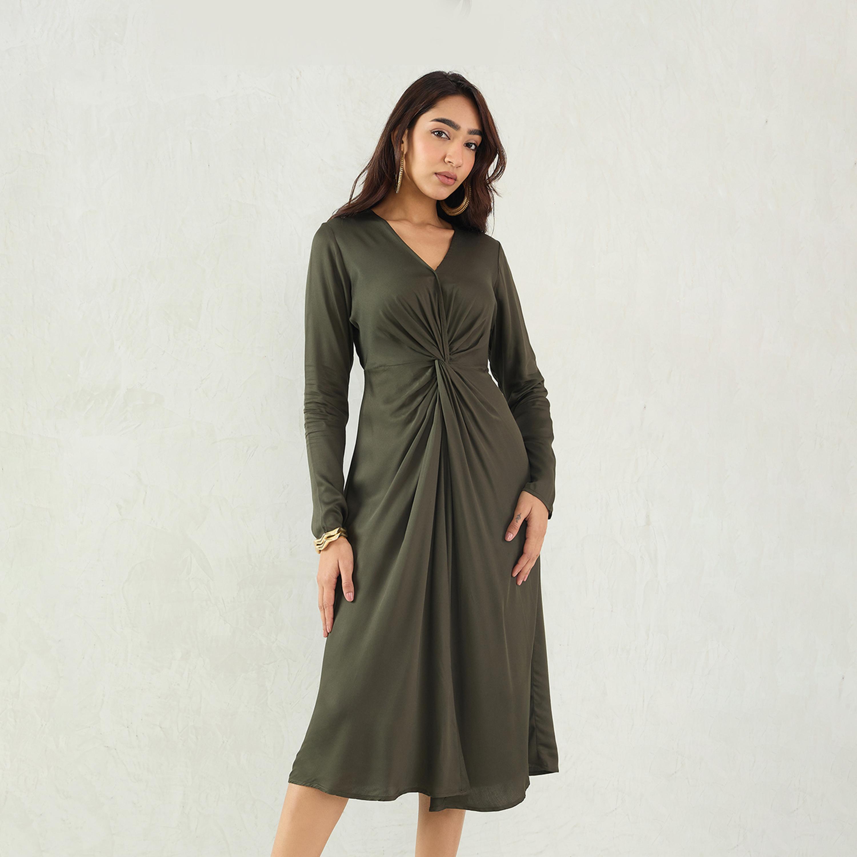 Femmella X Styli Olive Front Twist Detail Midi Dress-women-clothing-dresses-image-1