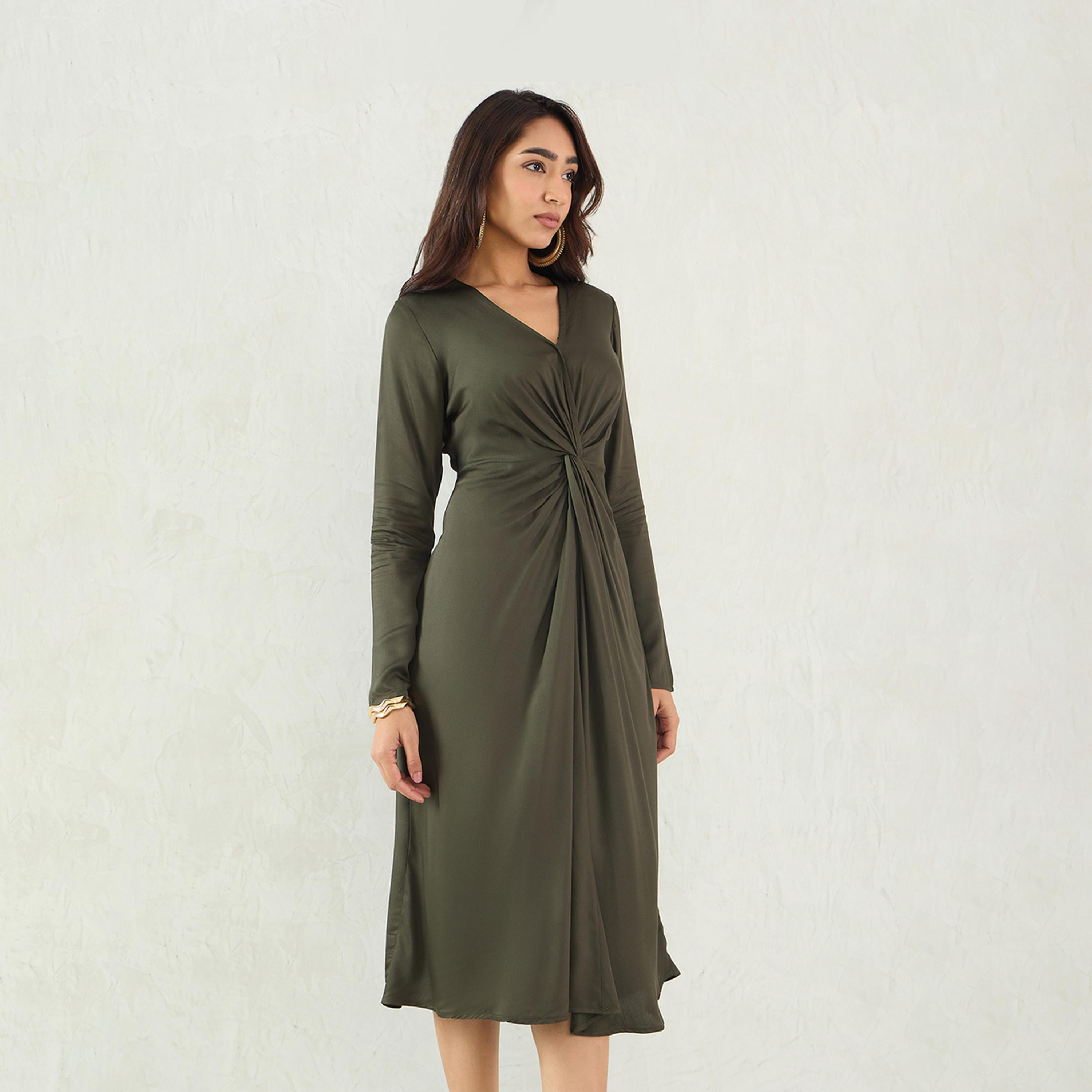 Femmella X Styli Olive Front Twist Detail Midi Dress-women-clothing-dresses-image-2