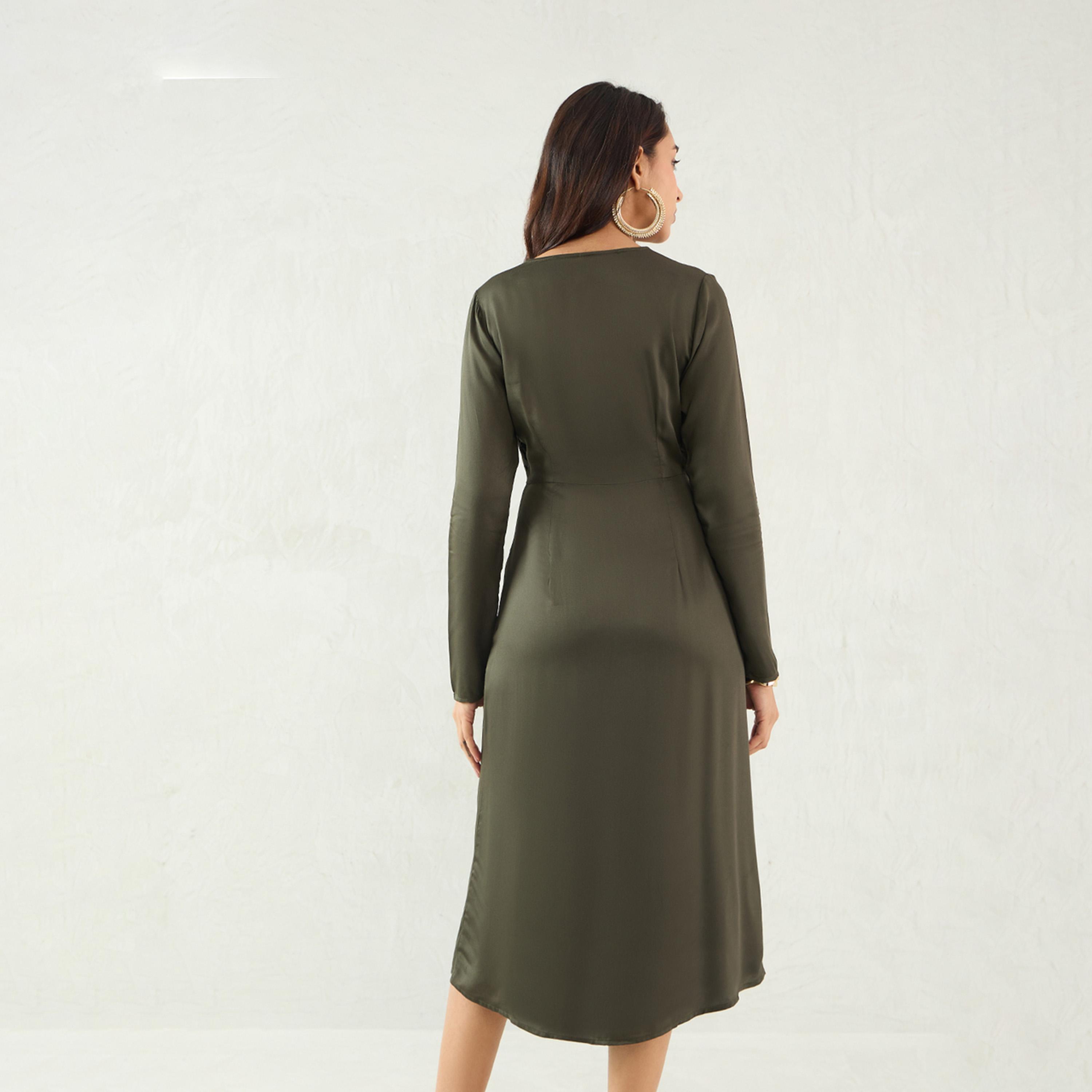 Femmella X Styli Olive Front Twist Detail Midi Dress-women-clothing-dresses-image-3