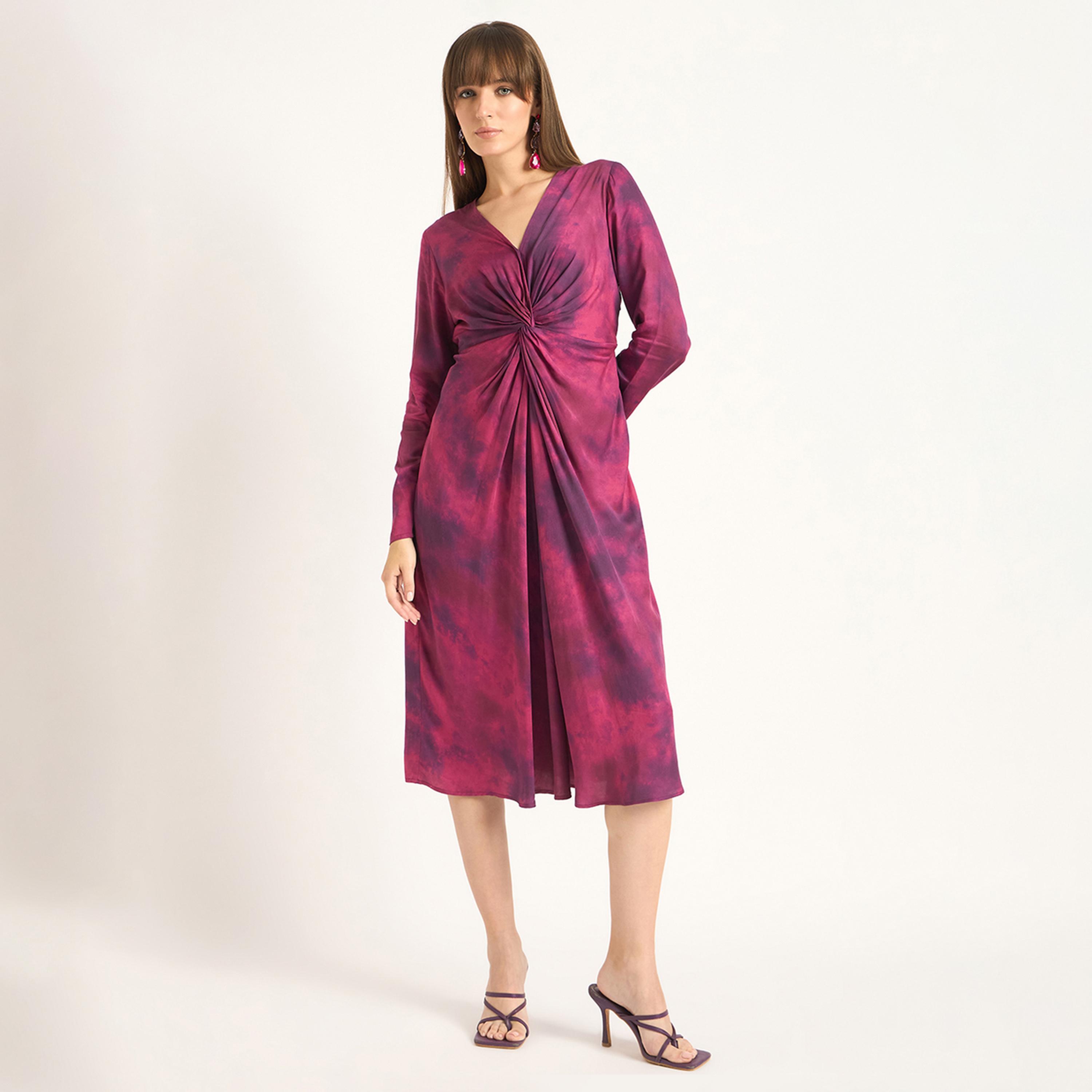 Femmella X Styli Wine Printed Front Twist Detail Midi Dress-women-clothing-dresses-image-1