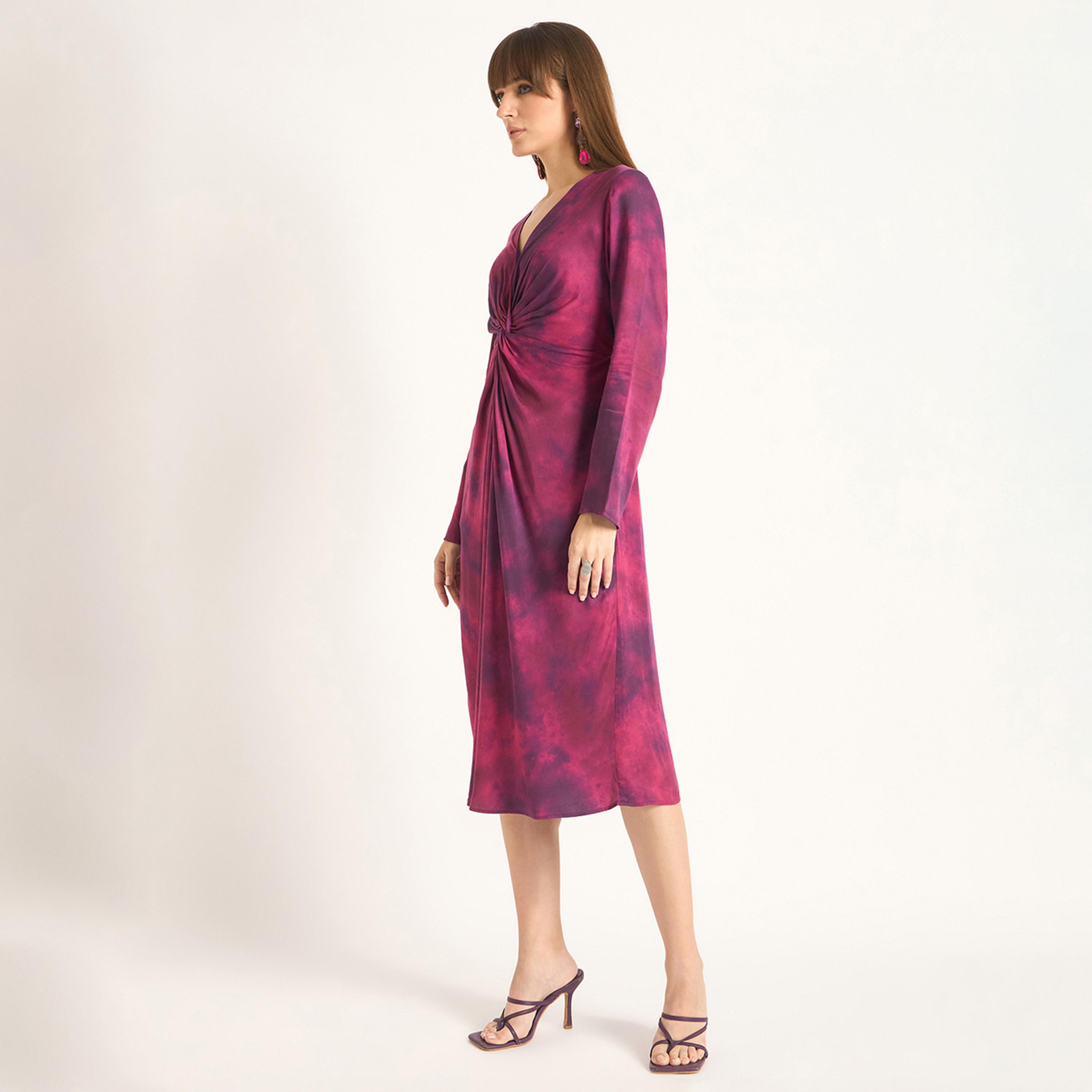 فيميلا × ستايلي - فستان ميدي بتفاصيل ملتوية من الأمام ولون نبيذي-women-clothing-dresses-image-2