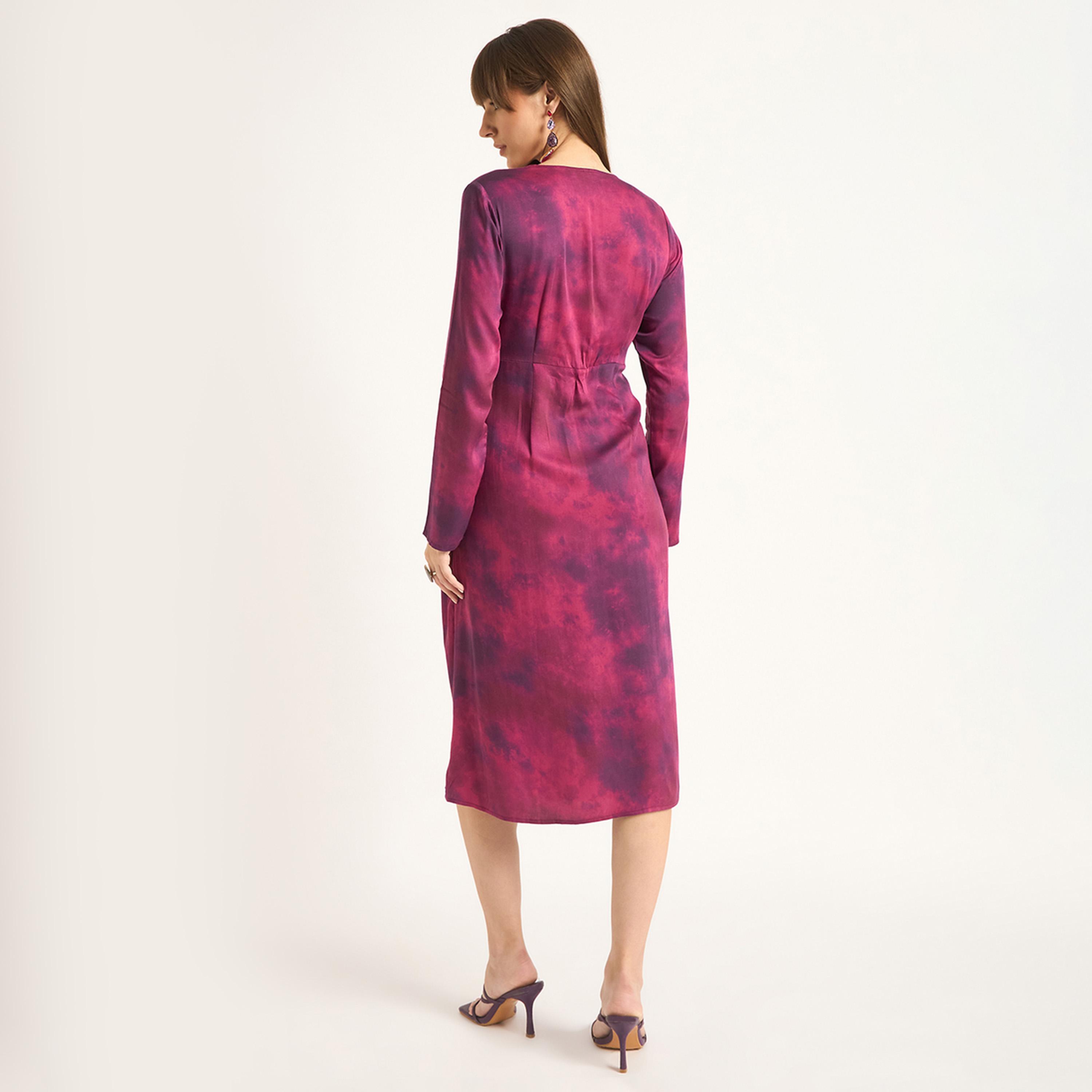 فيميلا × ستايلي - فستان ميدي بتفاصيل ملتوية من الأمام ولون نبيذي-women-clothing-dresses-image-3
