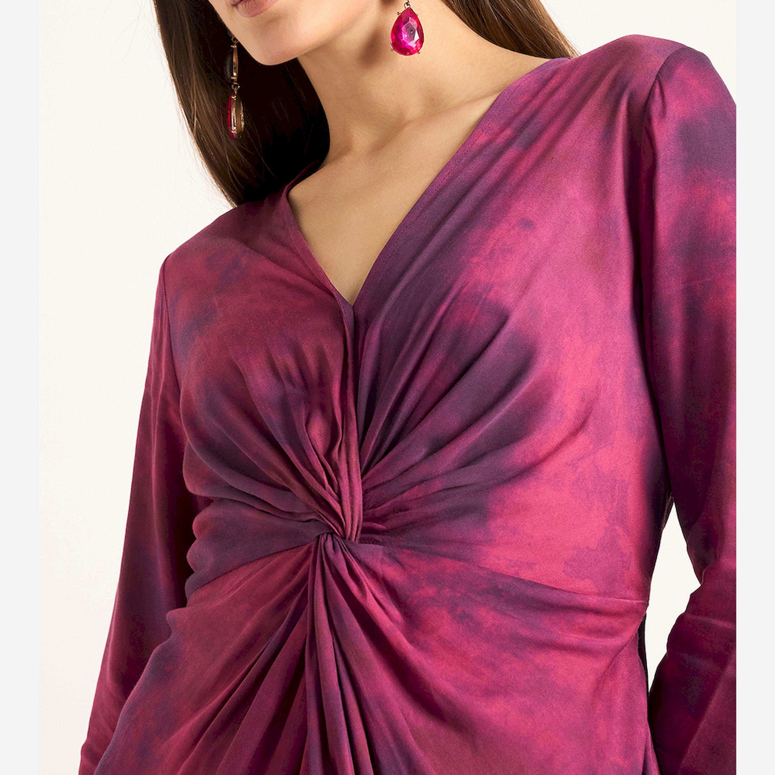فيميلا × ستايلي - فستان ميدي بتفاصيل ملتوية من الأمام ولون نبيذي-women-clothing-dresses-image-4