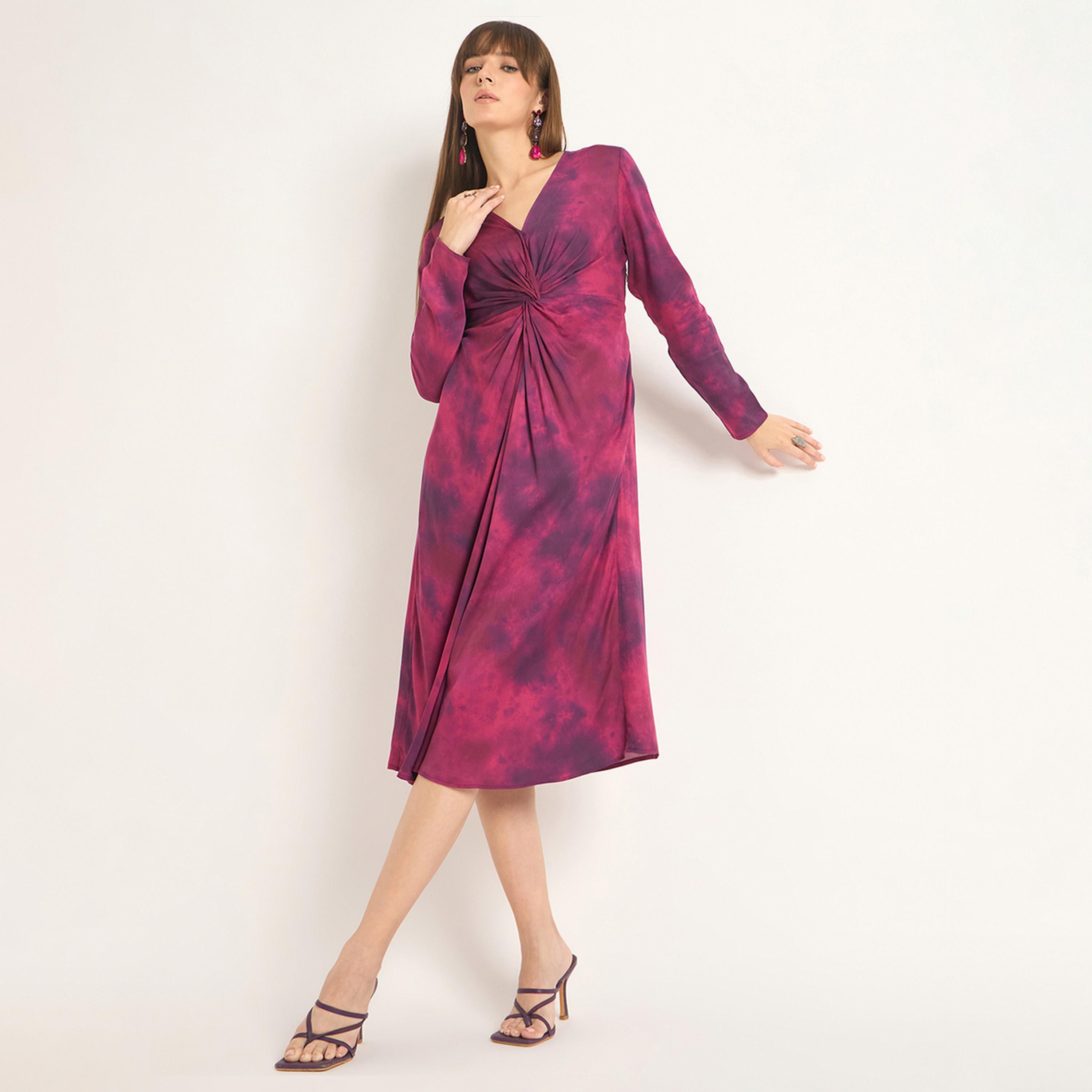 Femmella X Styli Wine Printed Front Twist Detail Midi Dress-women-clothing-dresses-image-5