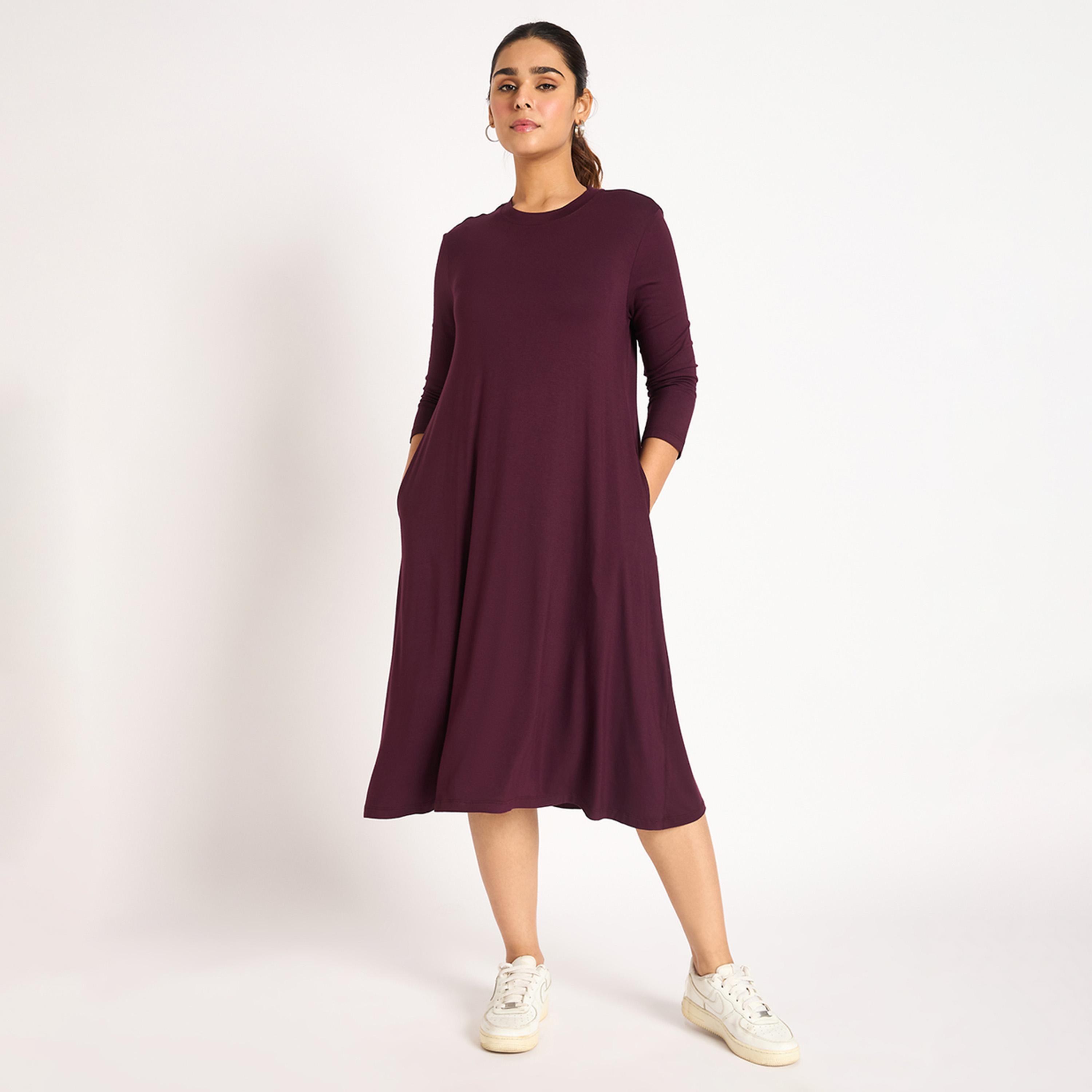 Femmella X Styli Wine Knit T-Shirt Midi Dress-women-clothing-dresses-image-1
