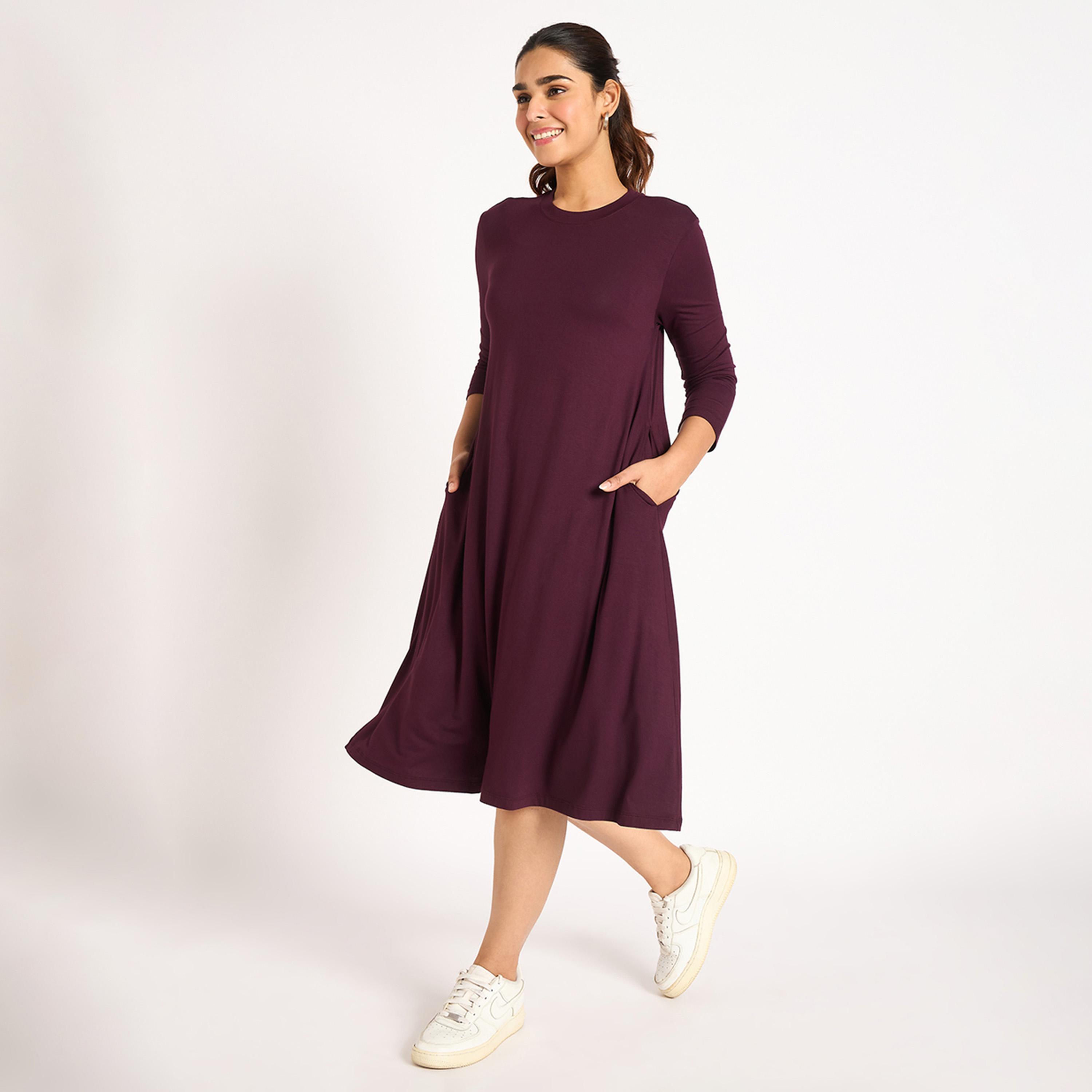 Femmella X Styli Wine Knit T-Shirt Midi Dress-women-clothing-dresses-image-2