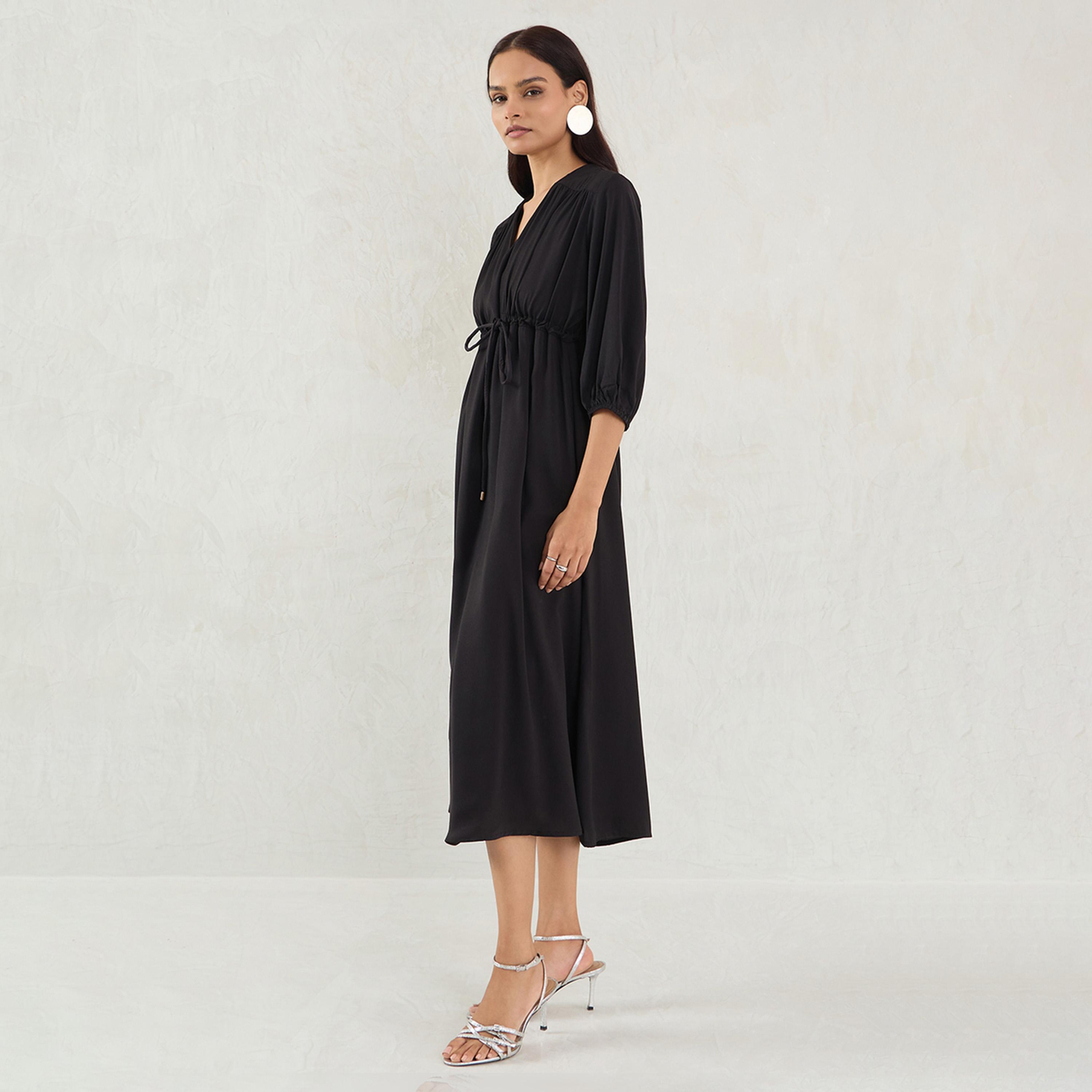 Femmella X Styli Black Satin Ruched Waist Midi Dress-women-clothing-dresses-image-2