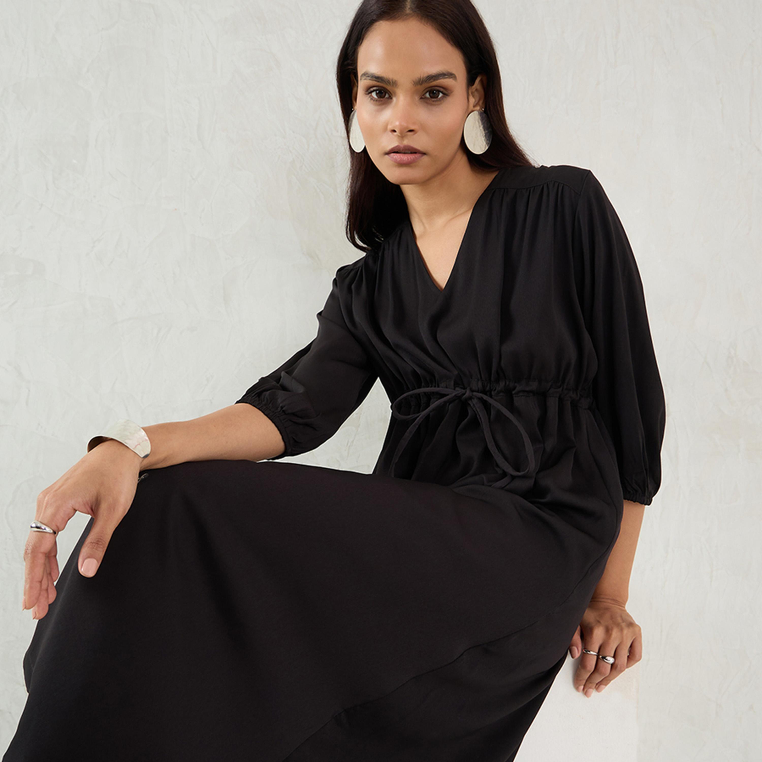 Femmella X Styli Black Satin Ruched Waist Midi Dress-women-clothing-dresses-image-5