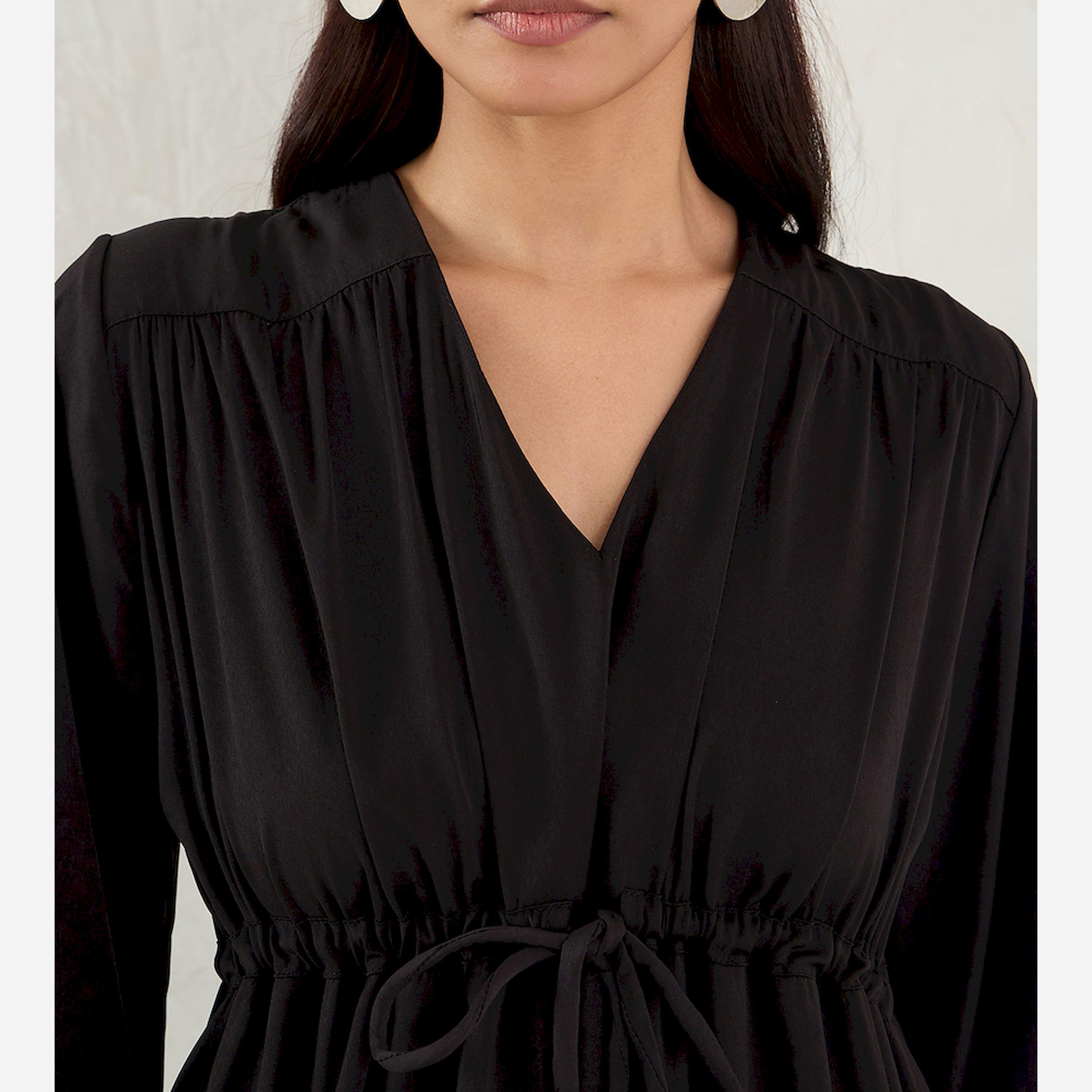 Femmella X Styli Black Satin Ruched Waist Midi Dress-women-clothing-dresses-image-6