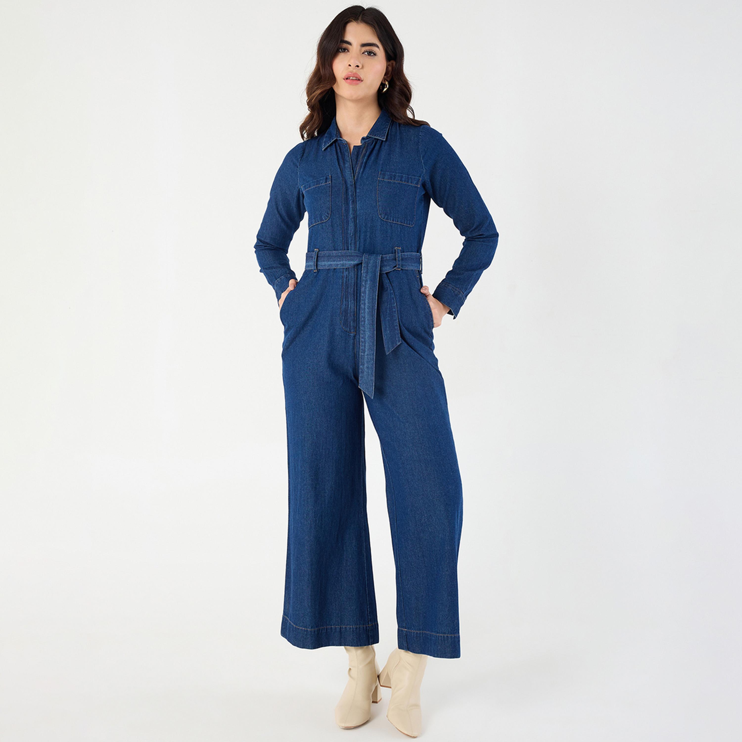 Femmella X Styli Navy Blue Zipper Detail Denim Jumpsuit-women-clothing-jumpsuits-image-1