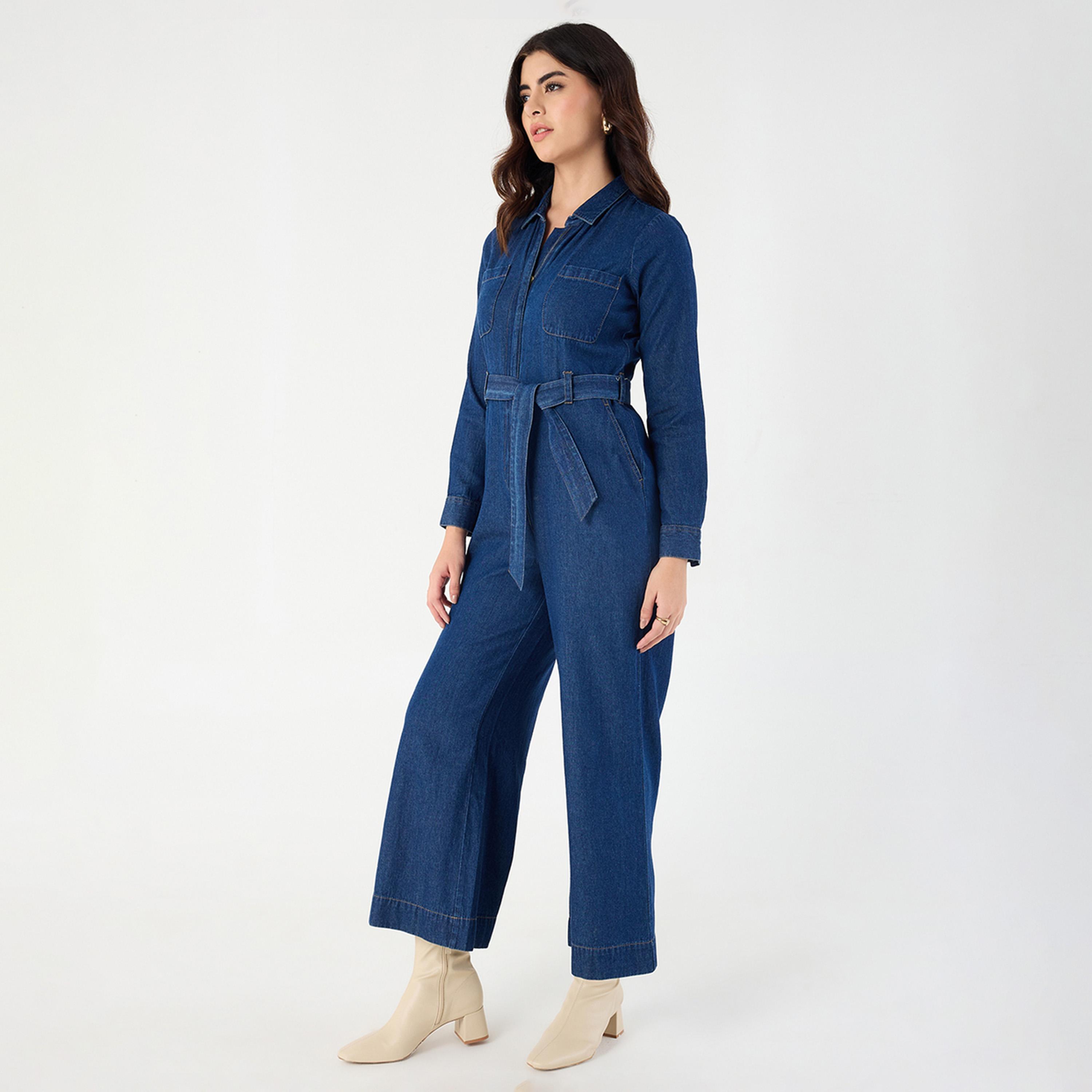 Femmella X Styli Navy Blue Zipper Detail Denim Jumpsuit-women-clothing-jumpsuits-image-2