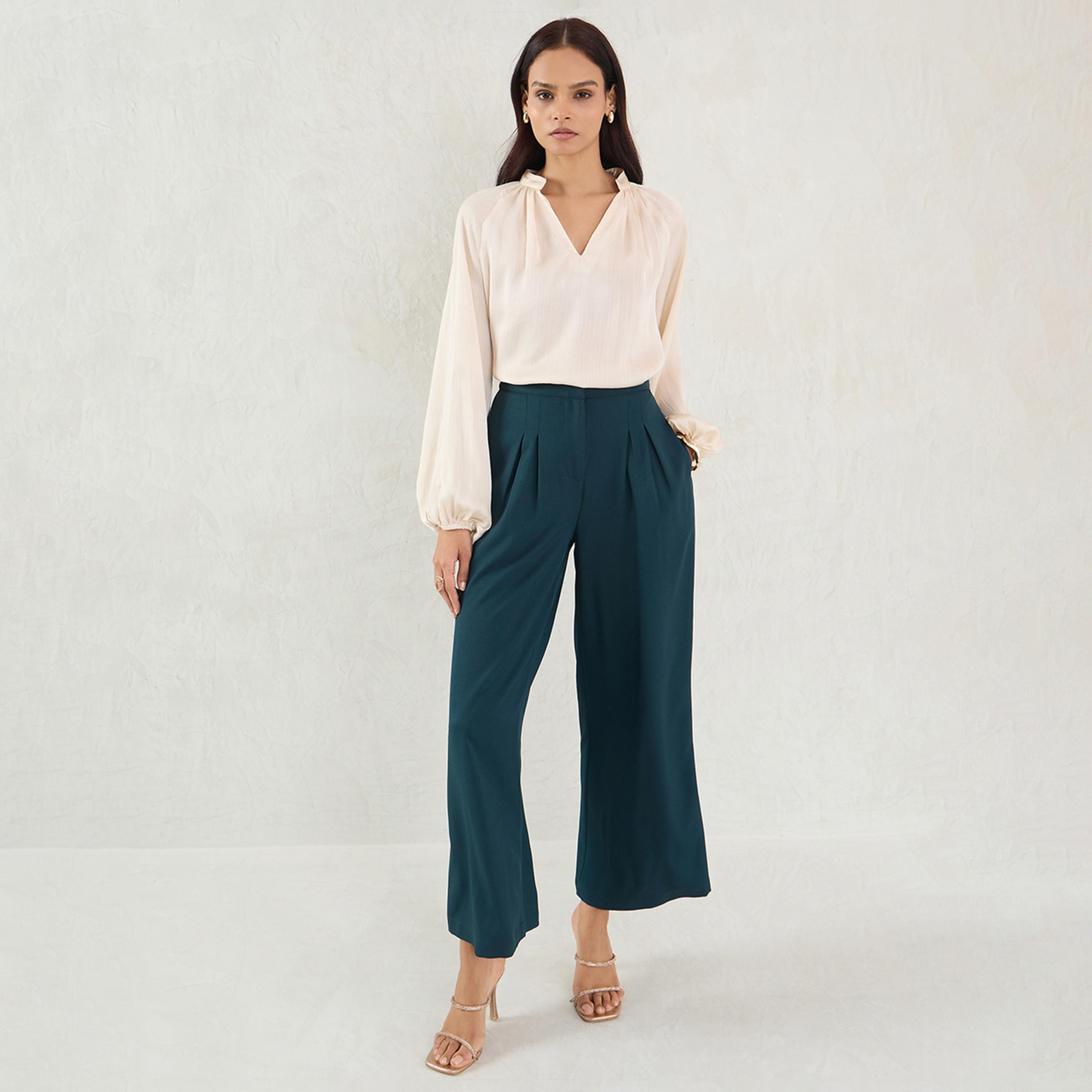 فيميلا × ستايلي - بنطال مستقيم بتفاصيل كسرات - أخضر-women-clothing-bottoms-trousers-image-1