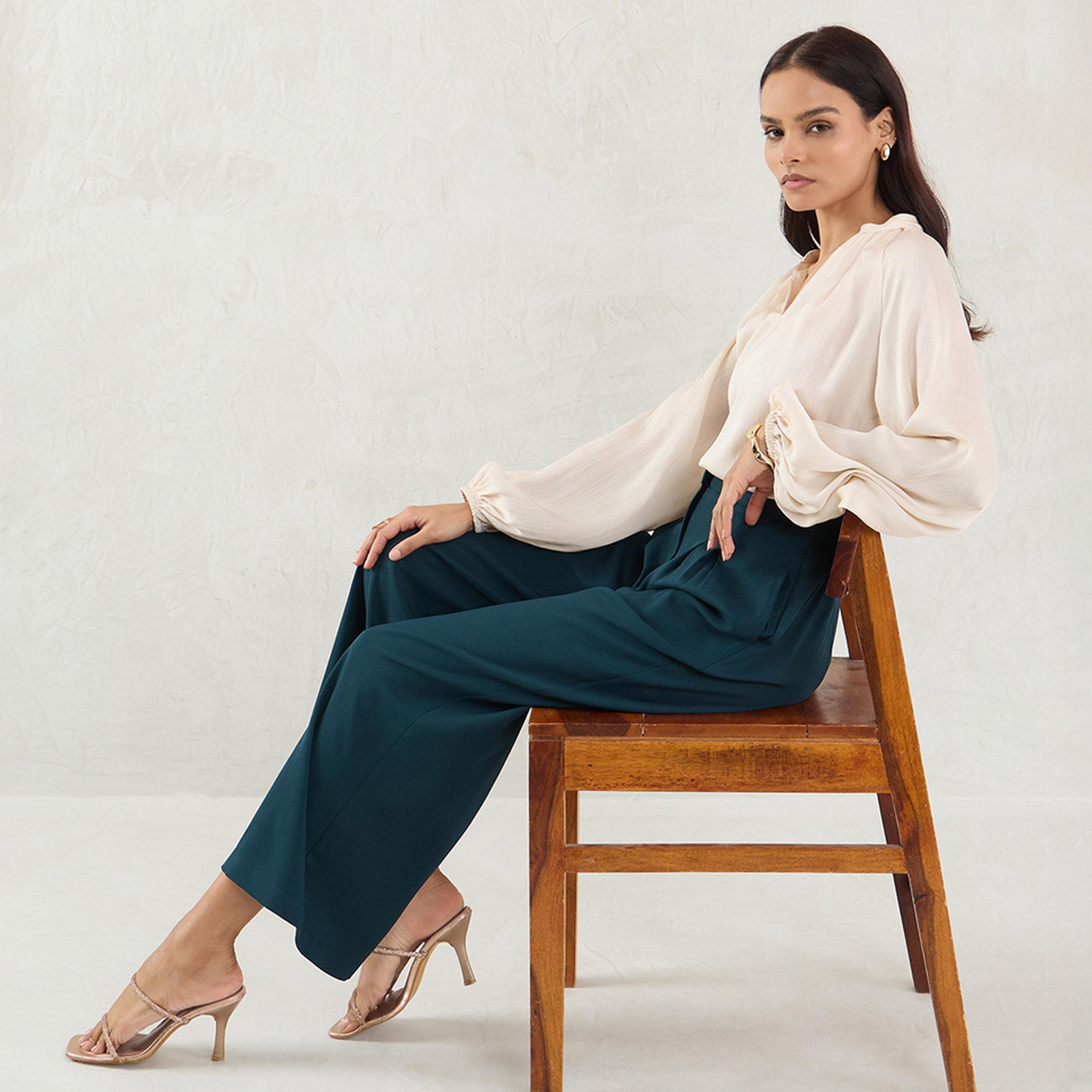 فيميلا × ستايلي - بنطال مستقيم بتفاصيل كسرات - أخضر-women-clothing-bottoms-trousers-image-2