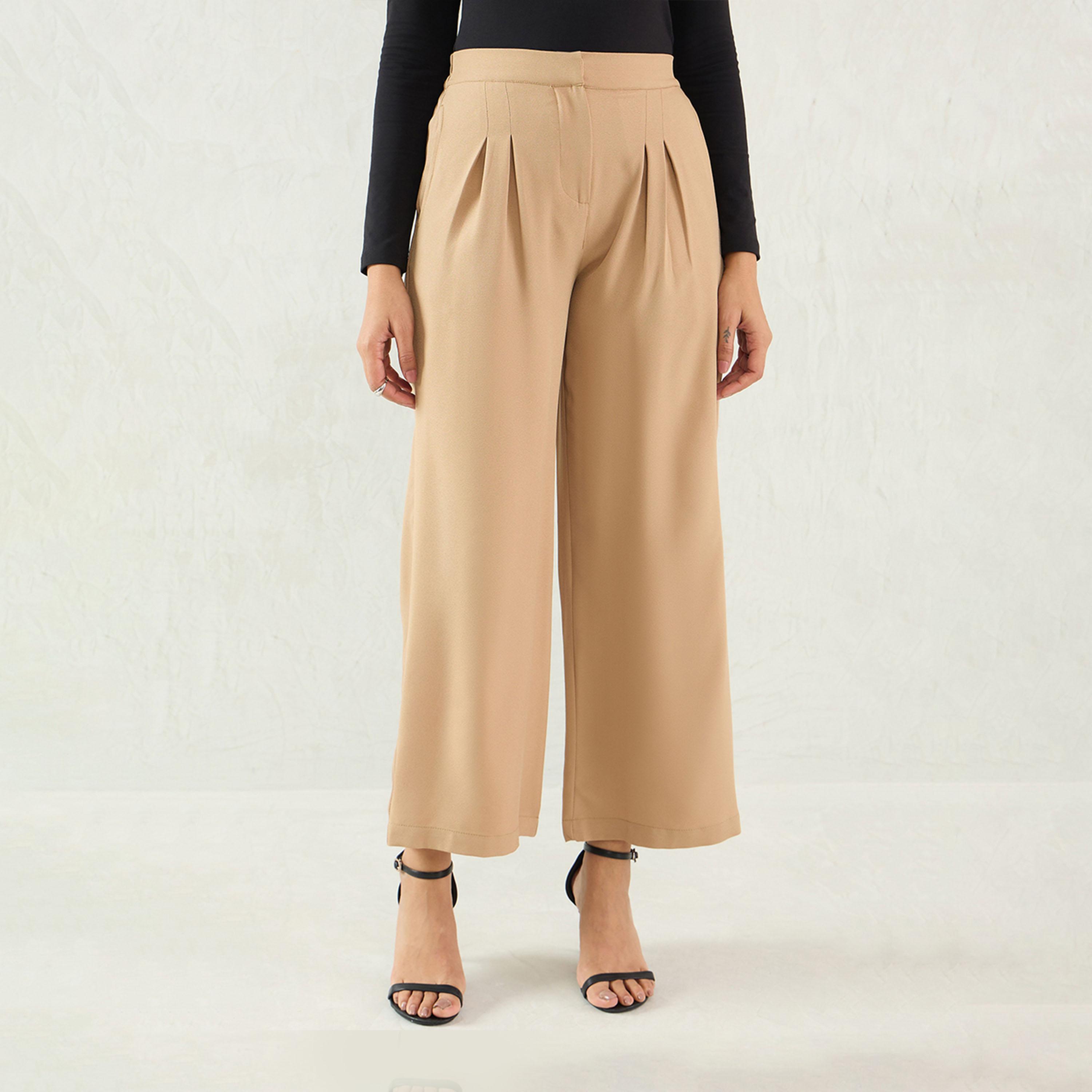 Femmella X Styli Beige Pleat Detail Straight Pants-women-clothing-bottoms-trousers-image-1