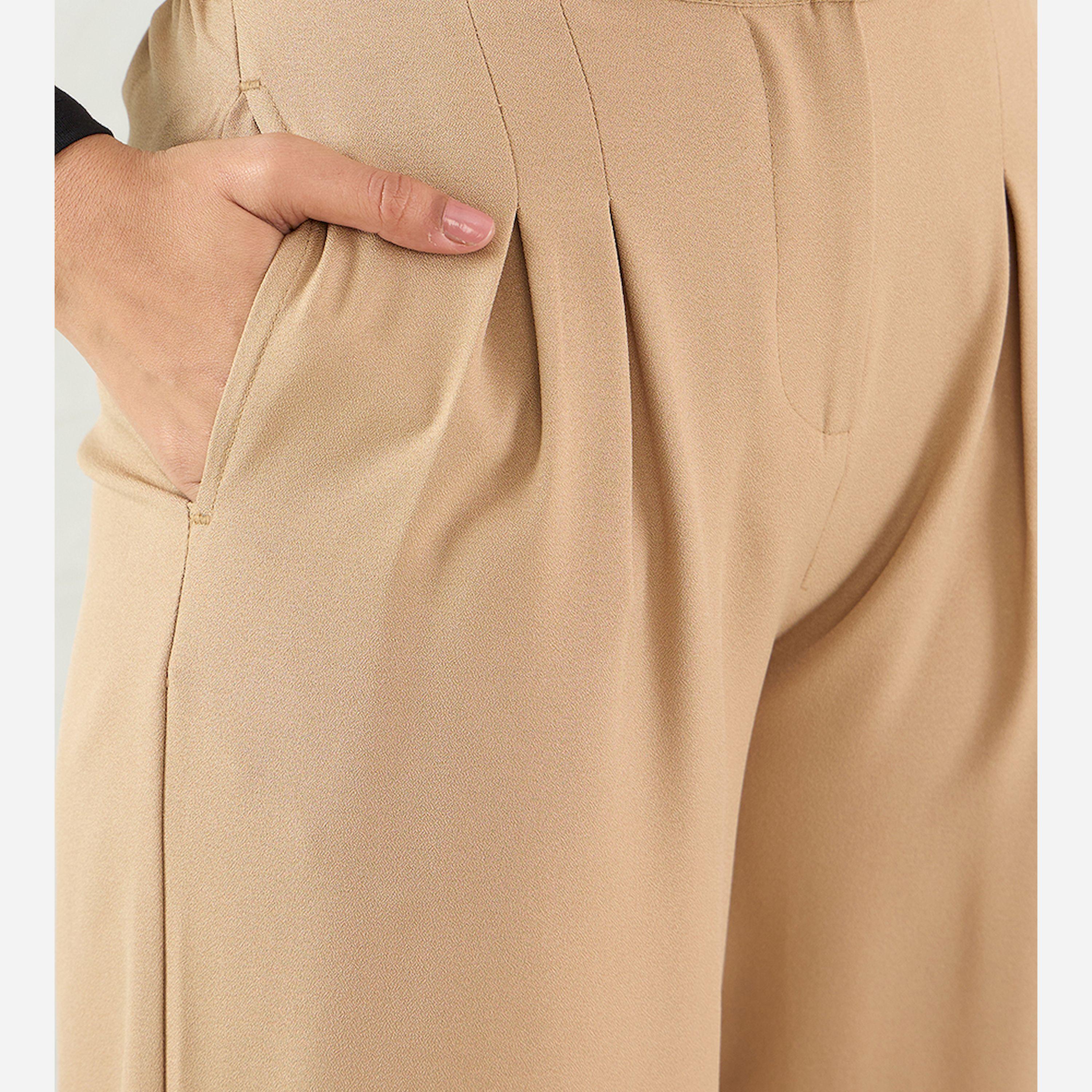 Femmella X Styli Beige Pleat Detail Straight Pants-women-clothing-bottoms-trousers-image-3