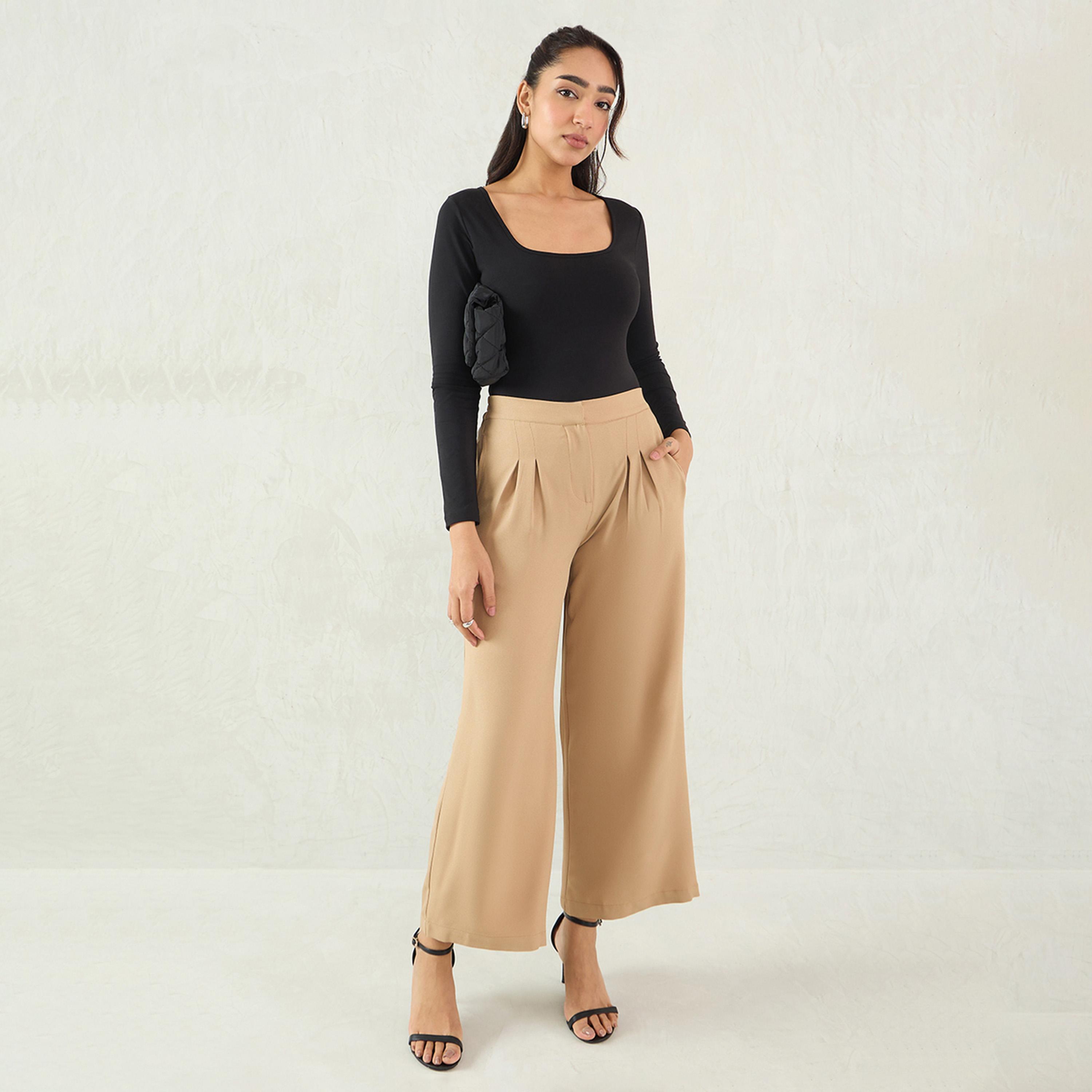 Femmella X Styli Beige Pleat Detail Straight Pants-women-clothing-bottoms-trousers-image-4