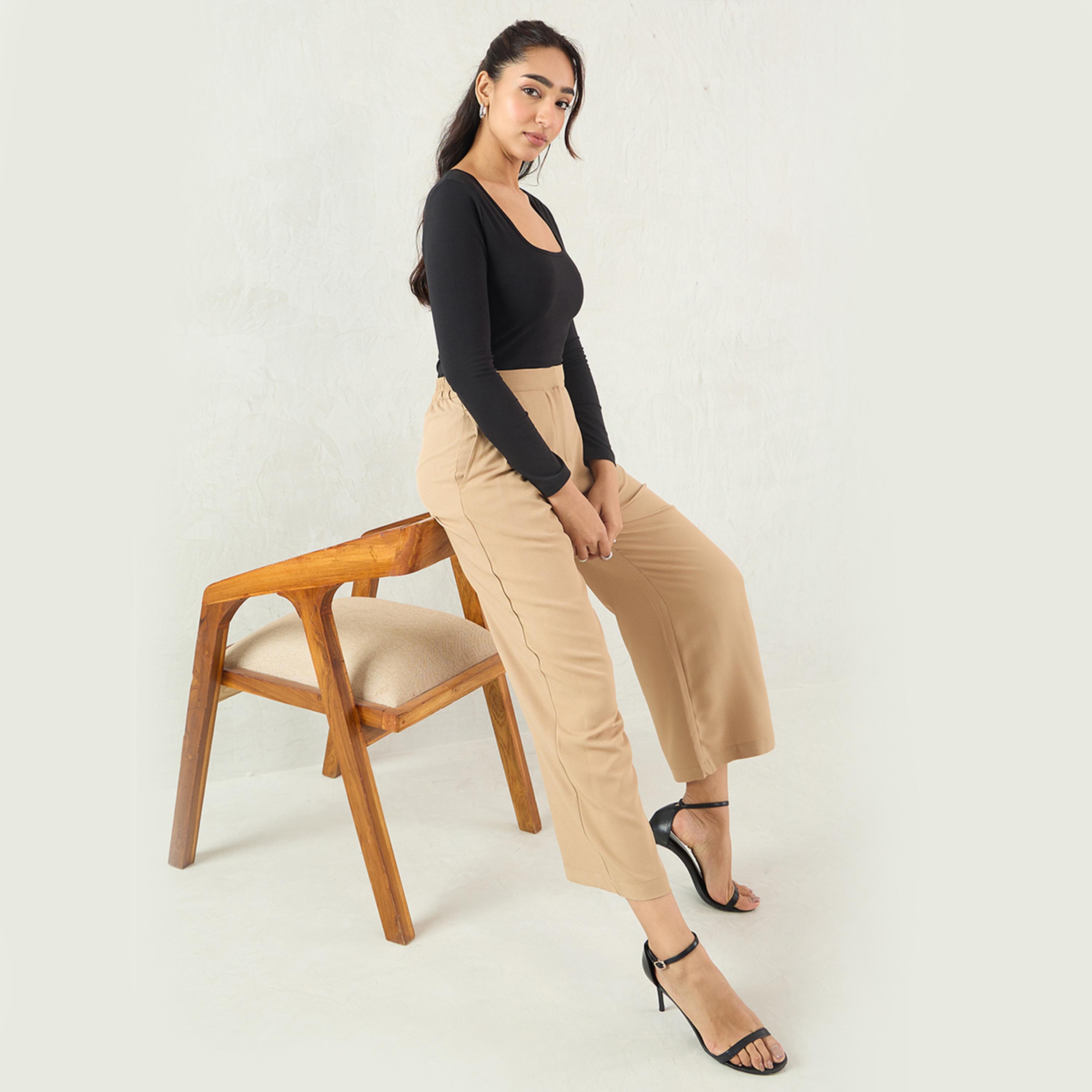 Femmella X Styli Beige Pleat Detail Straight Pants-women-clothing-bottoms-trousers-image-5