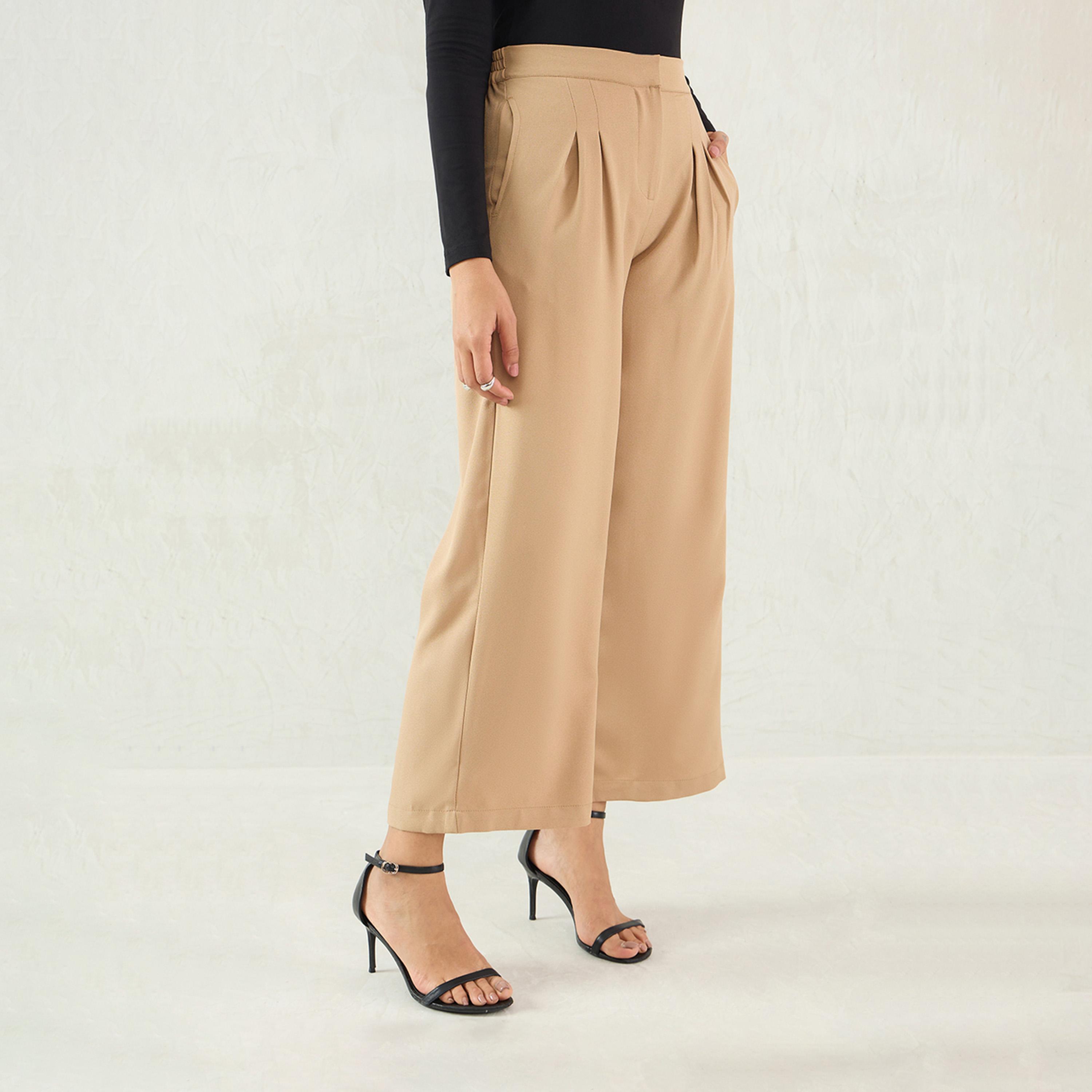 Femmella X Styli Beige Pleat Detail Straight Pants-women-clothing-bottoms-trousers-image-6