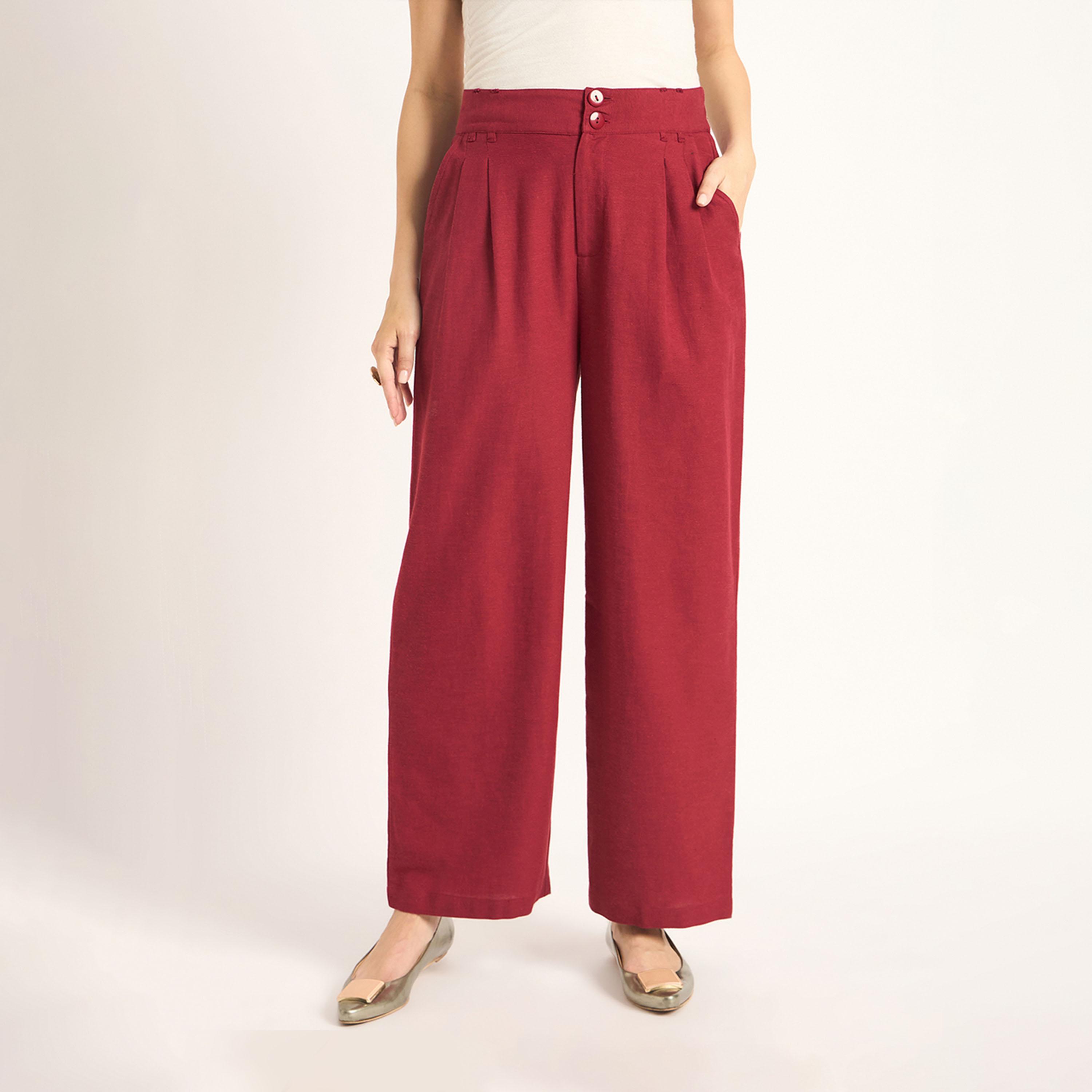 Femmella X Styli Cranberry Dual Button Detailing Straight Pant-women-clothing-bottoms-trousers-image-1