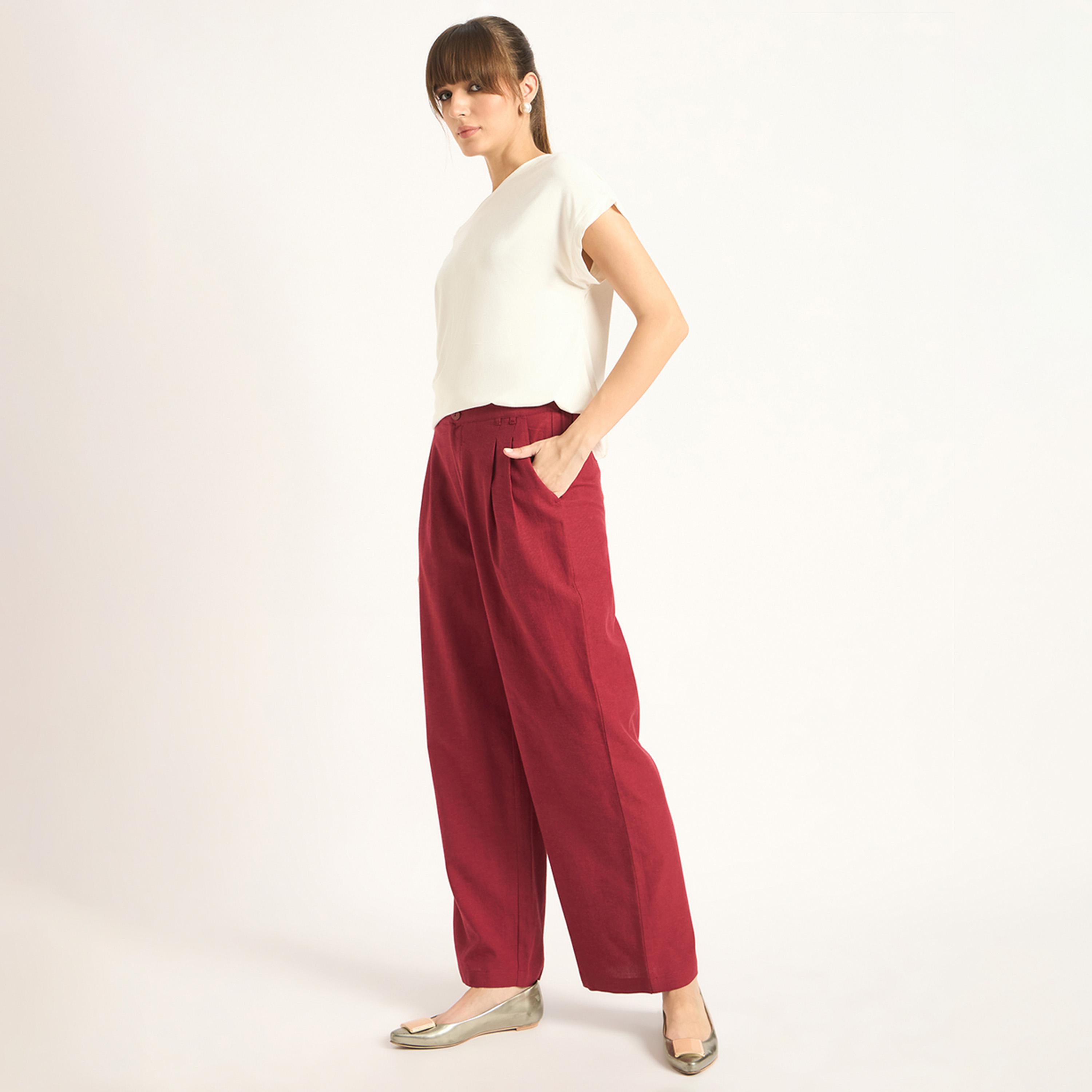 Femmella X Styli Cranberry Dual Button Detailing Straight Pant-women-clothing-bottoms-trousers-image-2