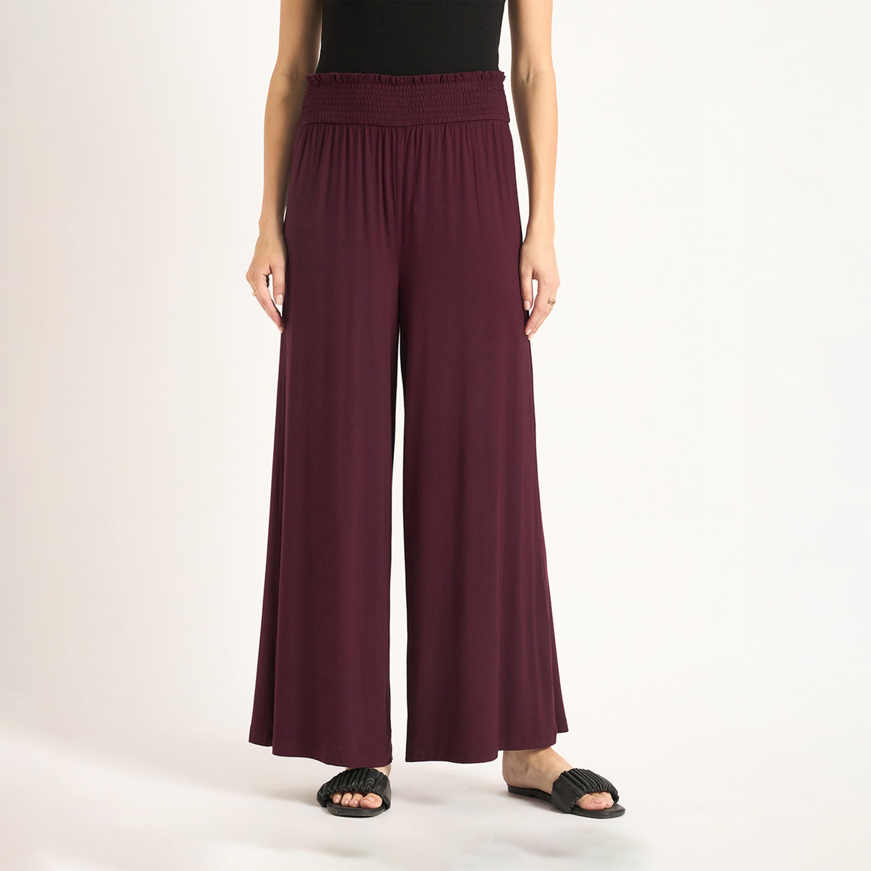 Femmella X Styli Wine Knit Smocking Detail Flared Pants-women-clothing-bottoms-trousers-image-1