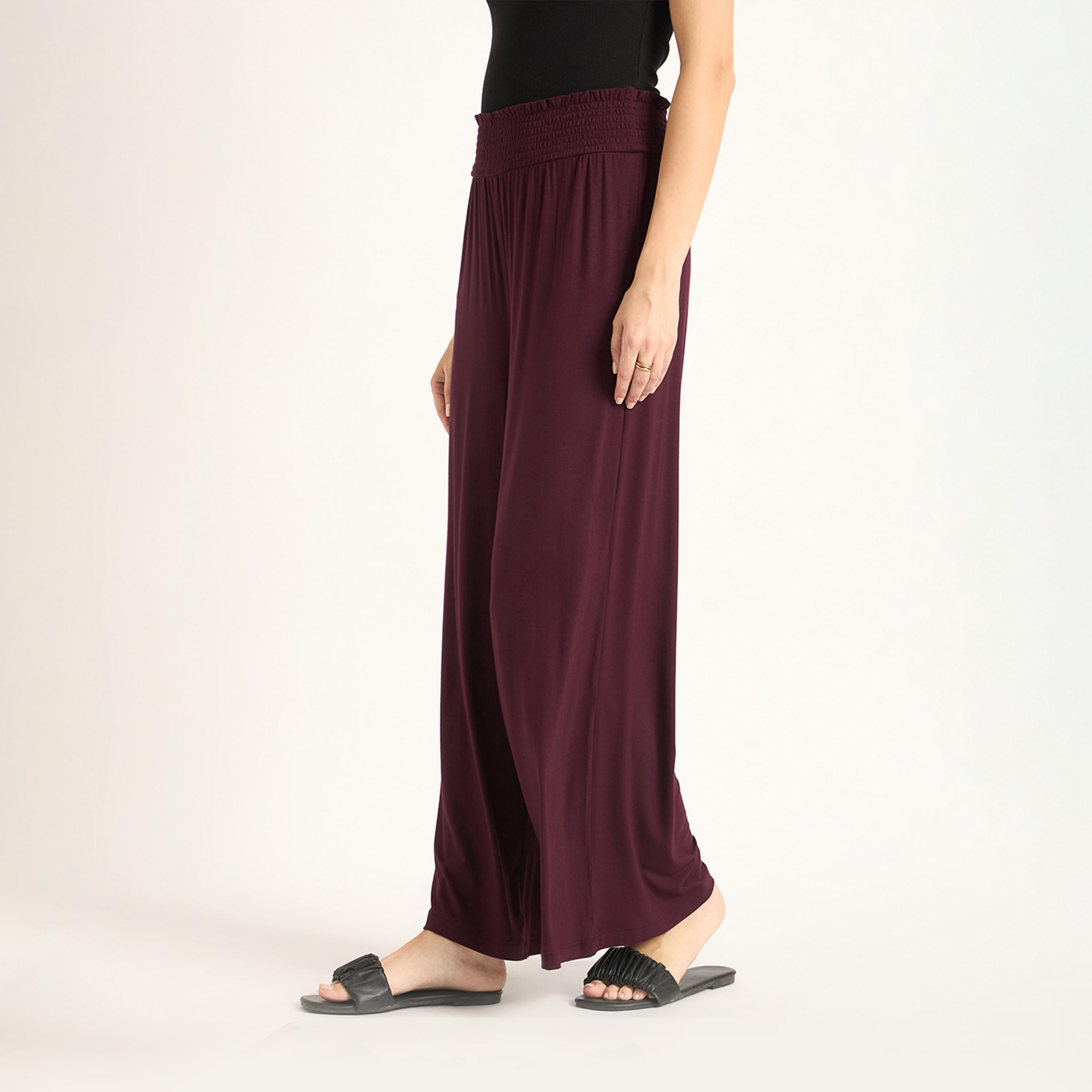 Femmella X Styli Wine Knit Smocking Detail Flared Pants-women-clothing-bottoms-trousers-image-2