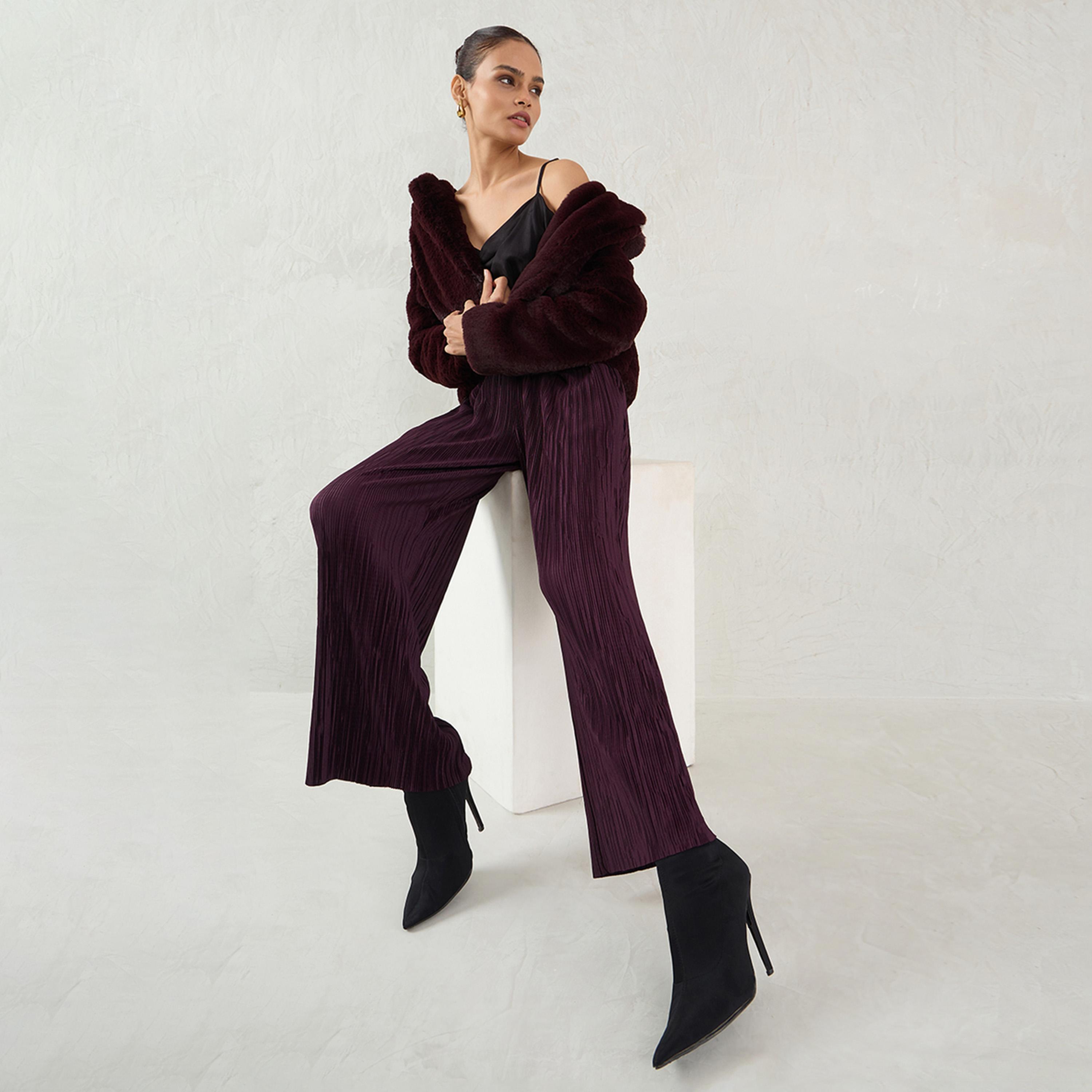 Femmella X Styli Wine Plisse Straight Pant-women-clothing-bottoms-trousers-image-2