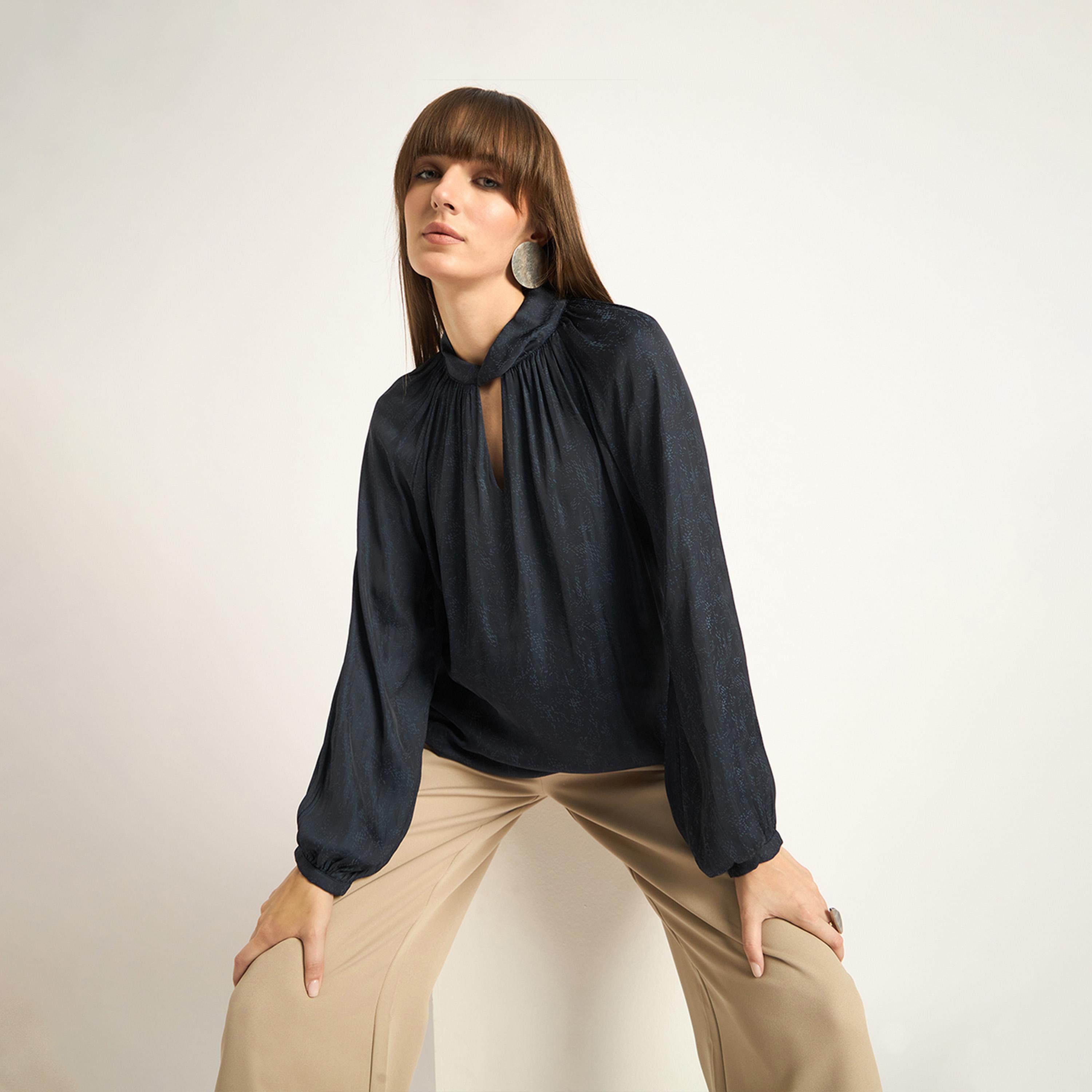 Femmella X Styli Navy Satin Neck Twist Detail Top-women-clothing-shirtsandblouses-blouses-image-6