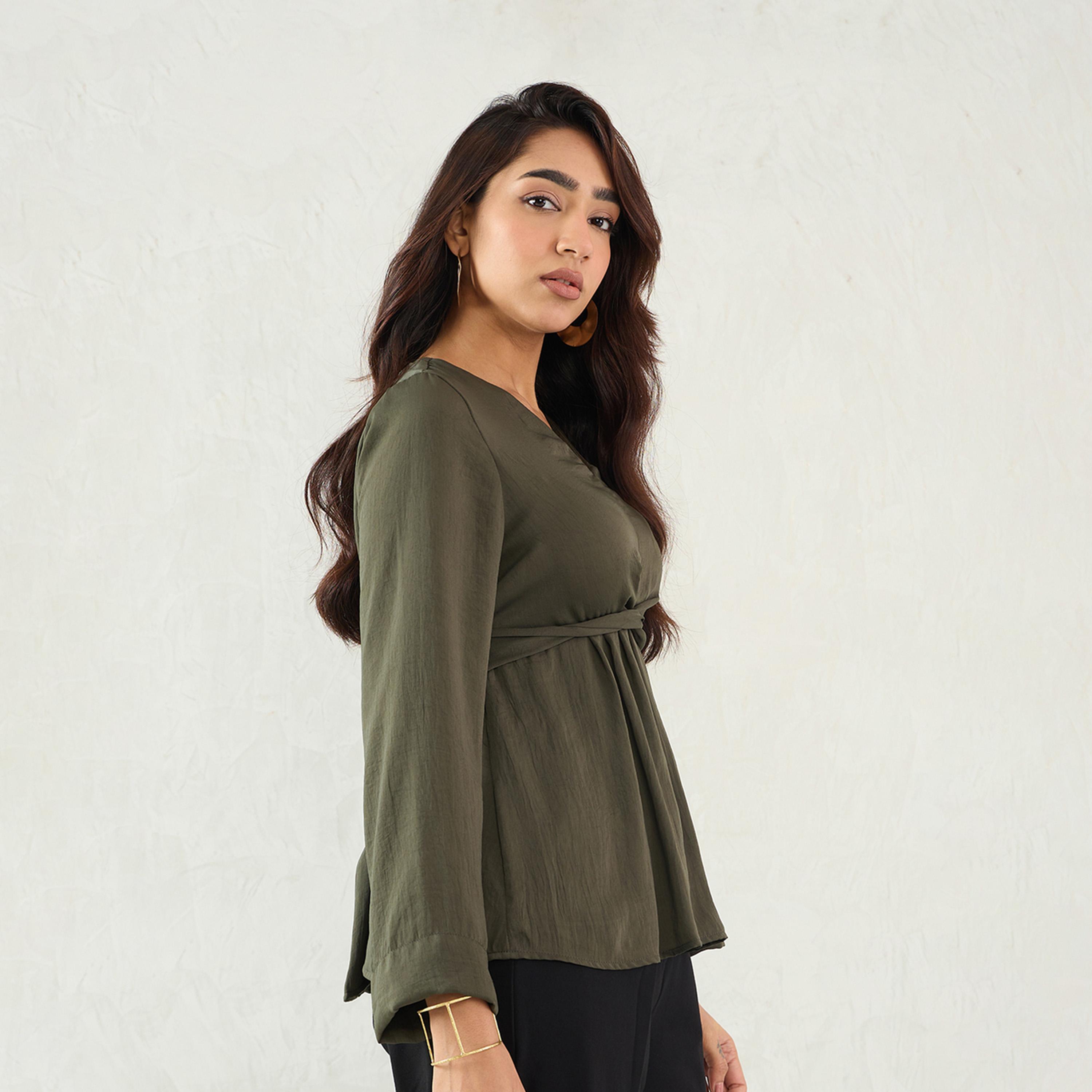 Femmella X Styli Olive Front Twist Detail Satin Top-women-clothing-shirtsandblouses-blouses-image-1