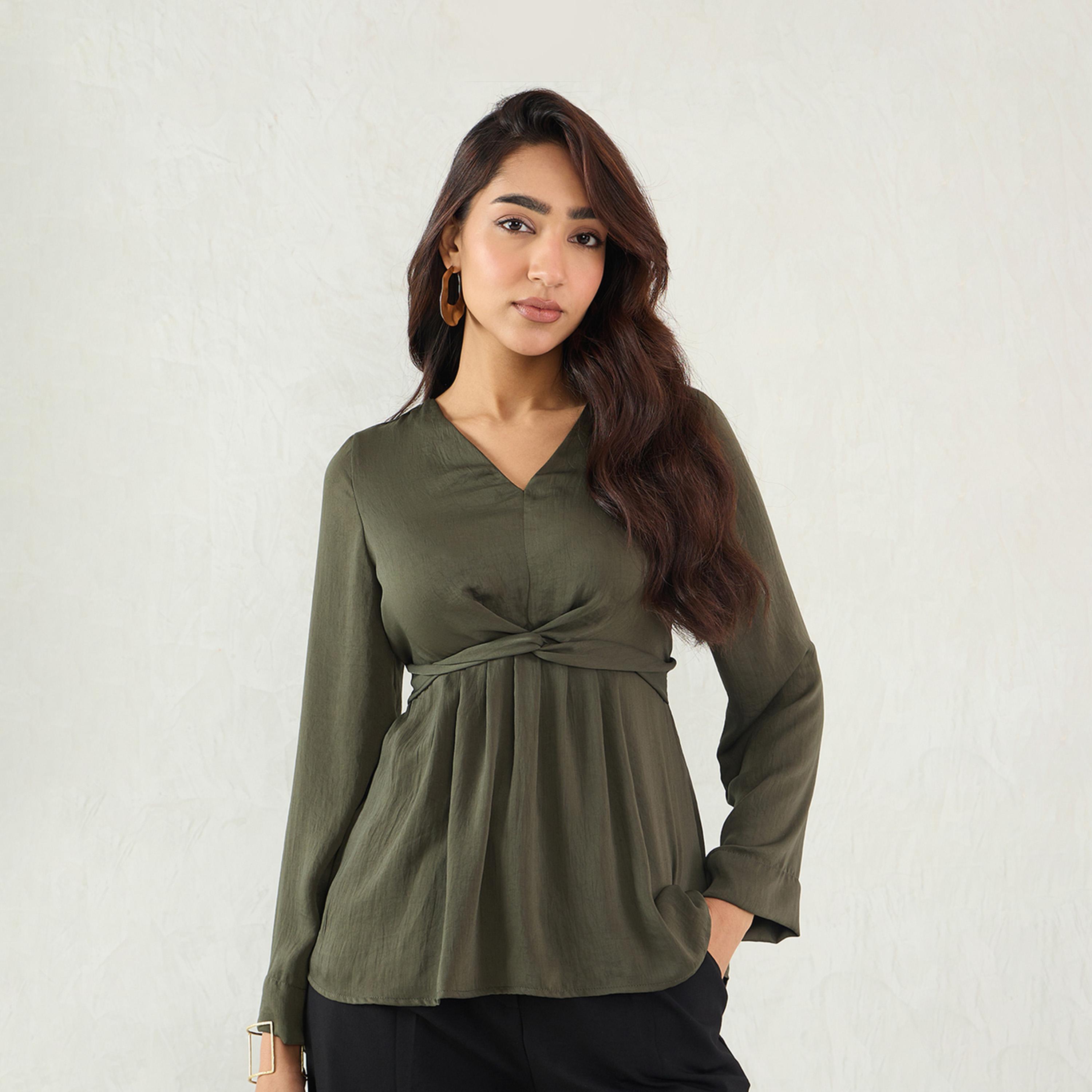 Femmella X Styli Olive Front Twist Detail Satin Top-women-clothing-shirtsandblouses-blouses-image-3