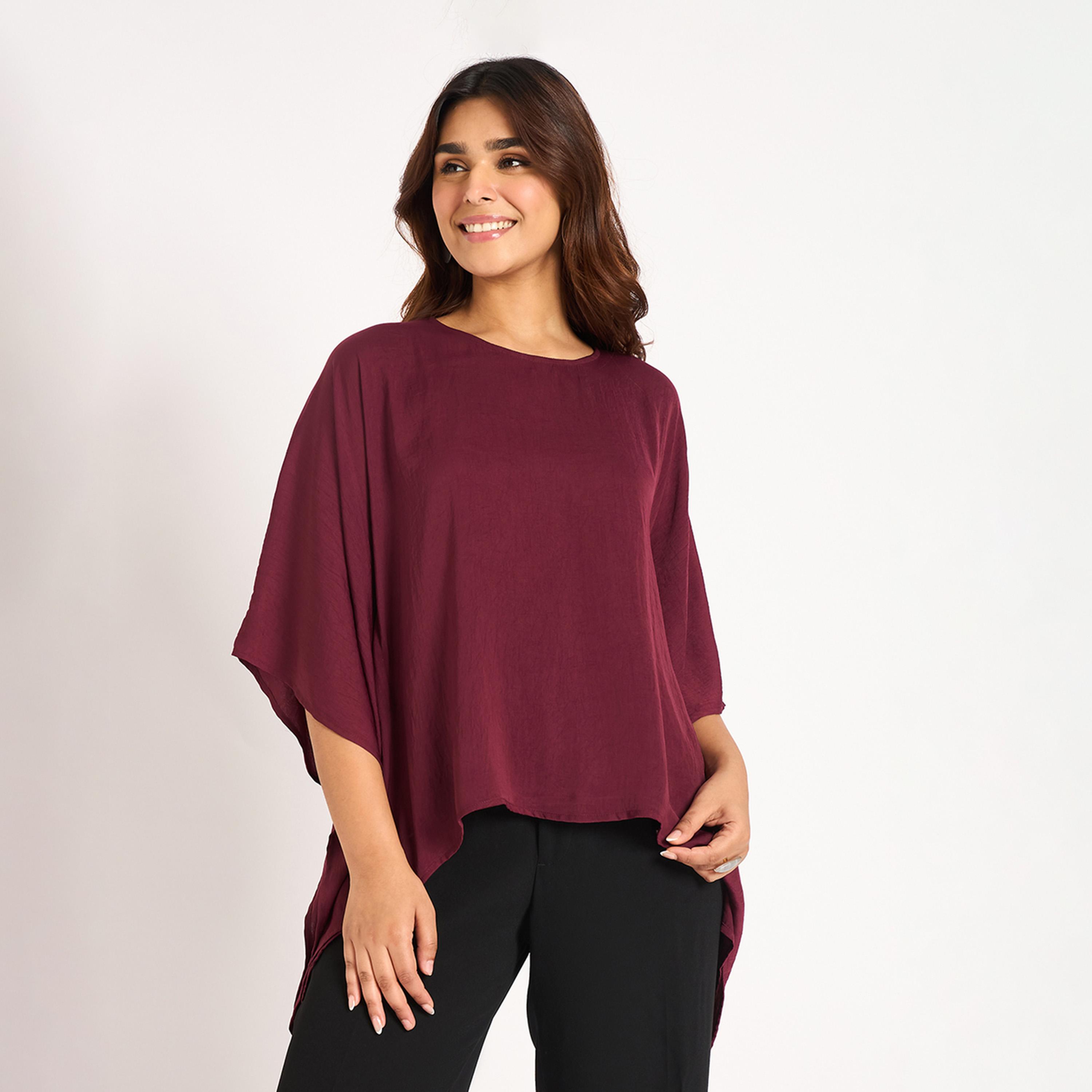 فيميلا × ستايلي - قميص ساتان غير متماثل بلون نبيذي-women-clothing-shirtsandblouses-blouses-image-1
