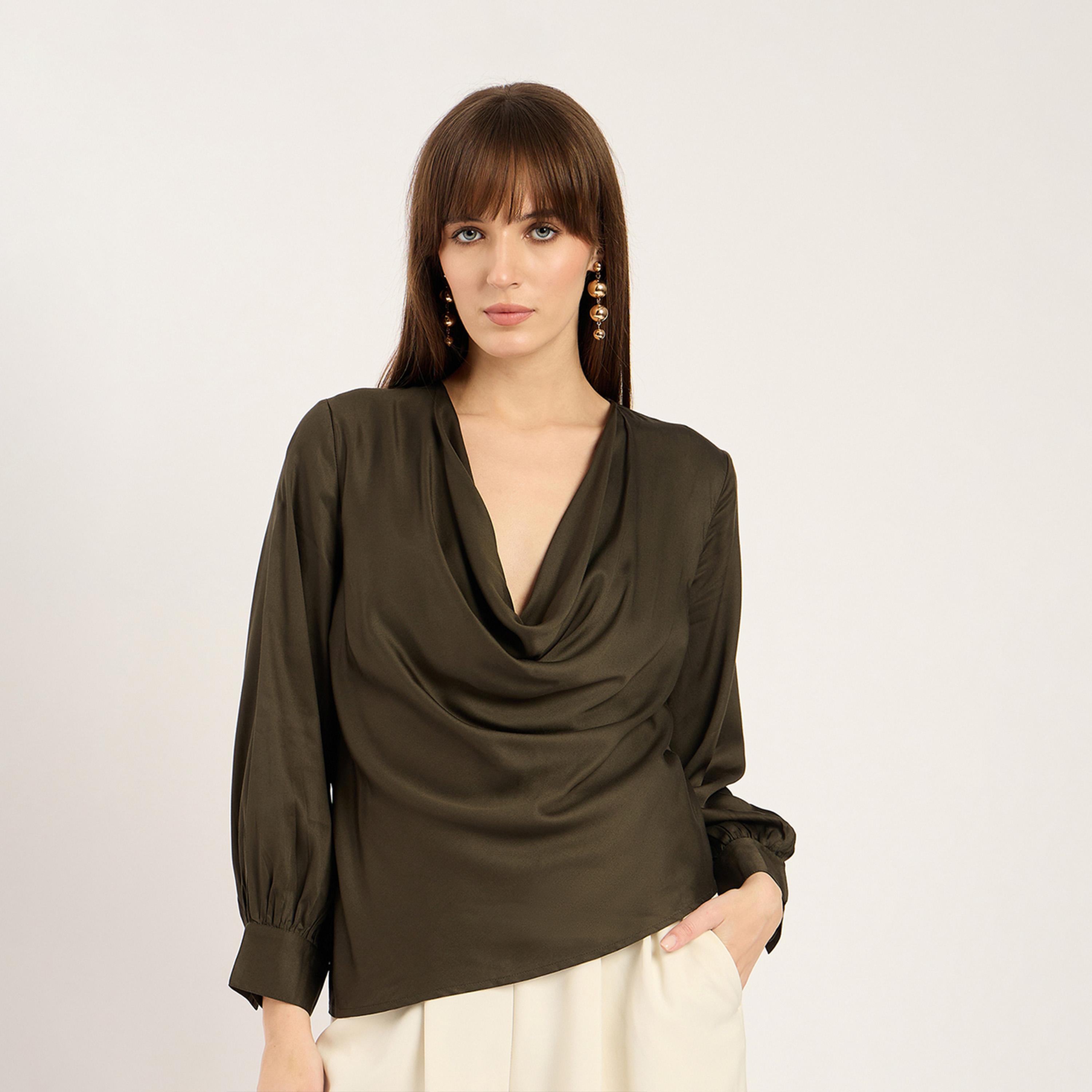 فيميلا × ستايلي - بلوزة بقصة غير متماثلة - زيتي-women-clothing-shirtsandblouses-blouses-image-1