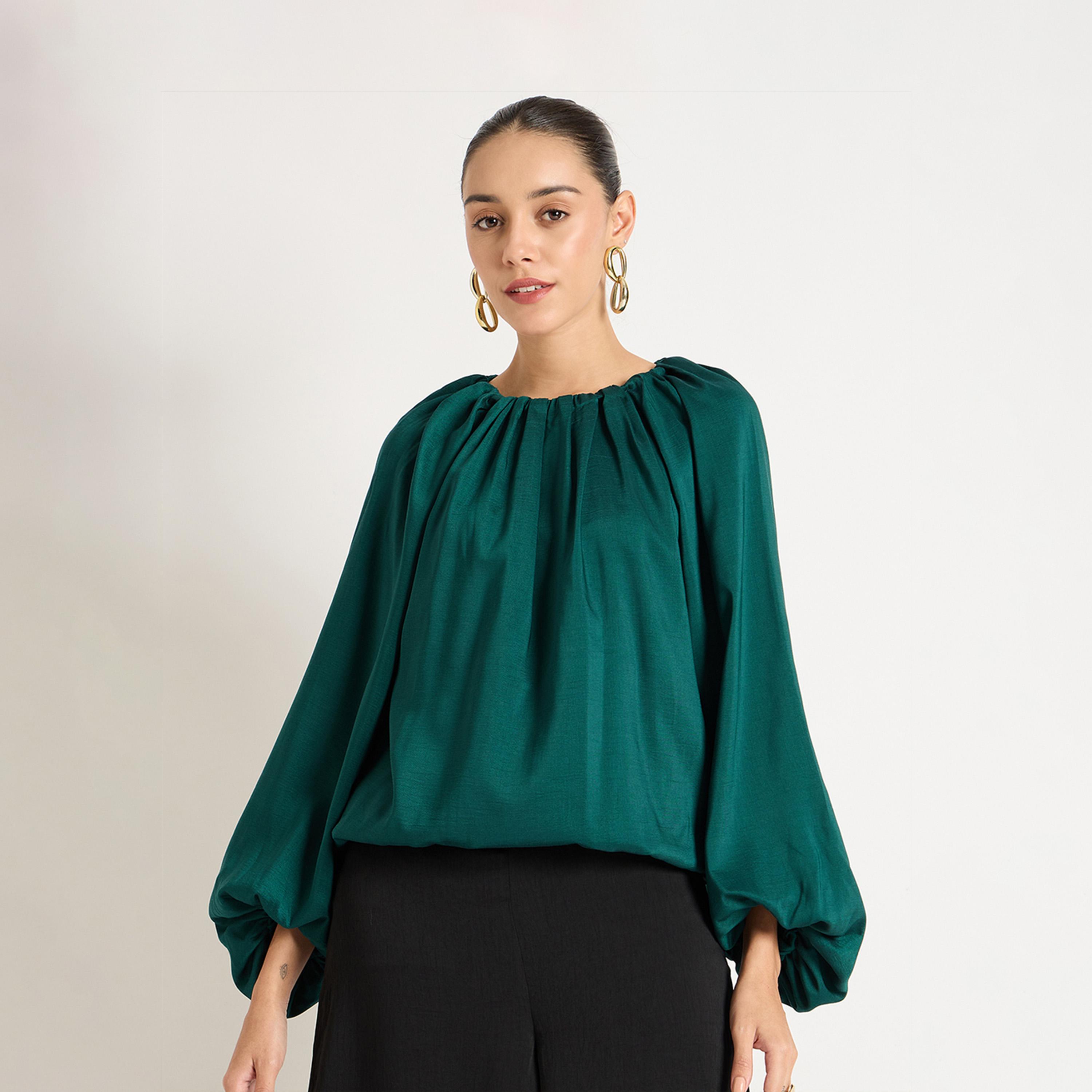 فيميلا × ستايلي - بلوزة باللون الأخضر بفتحة رقبة دائرية-women-clothing-shirtsandblouses-blouses-image-1