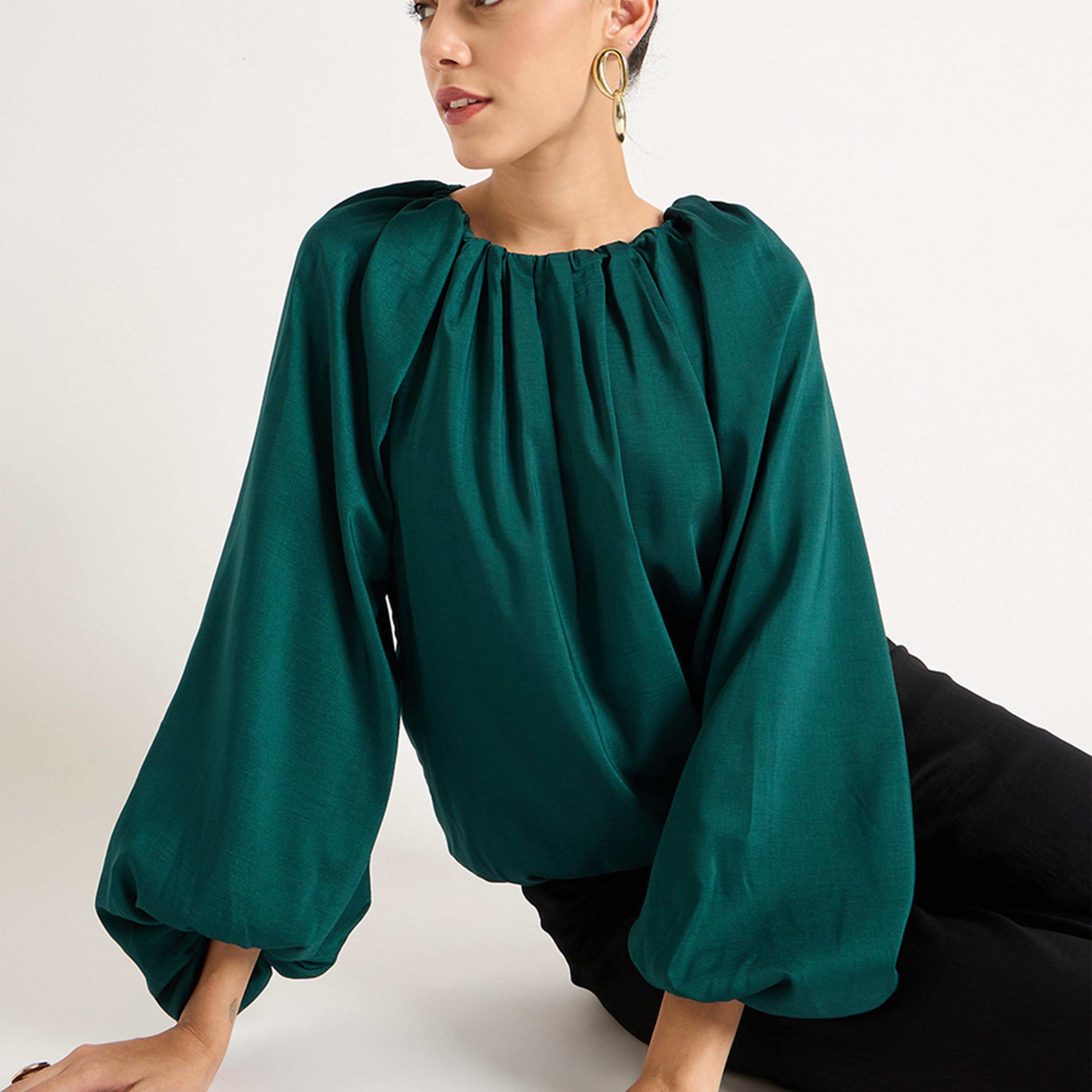 فيميلا × ستايلي - بلوزة باللون الأخضر بفتحة رقبة دائرية-women-clothing-shirtsandblouses-blouses-image-6