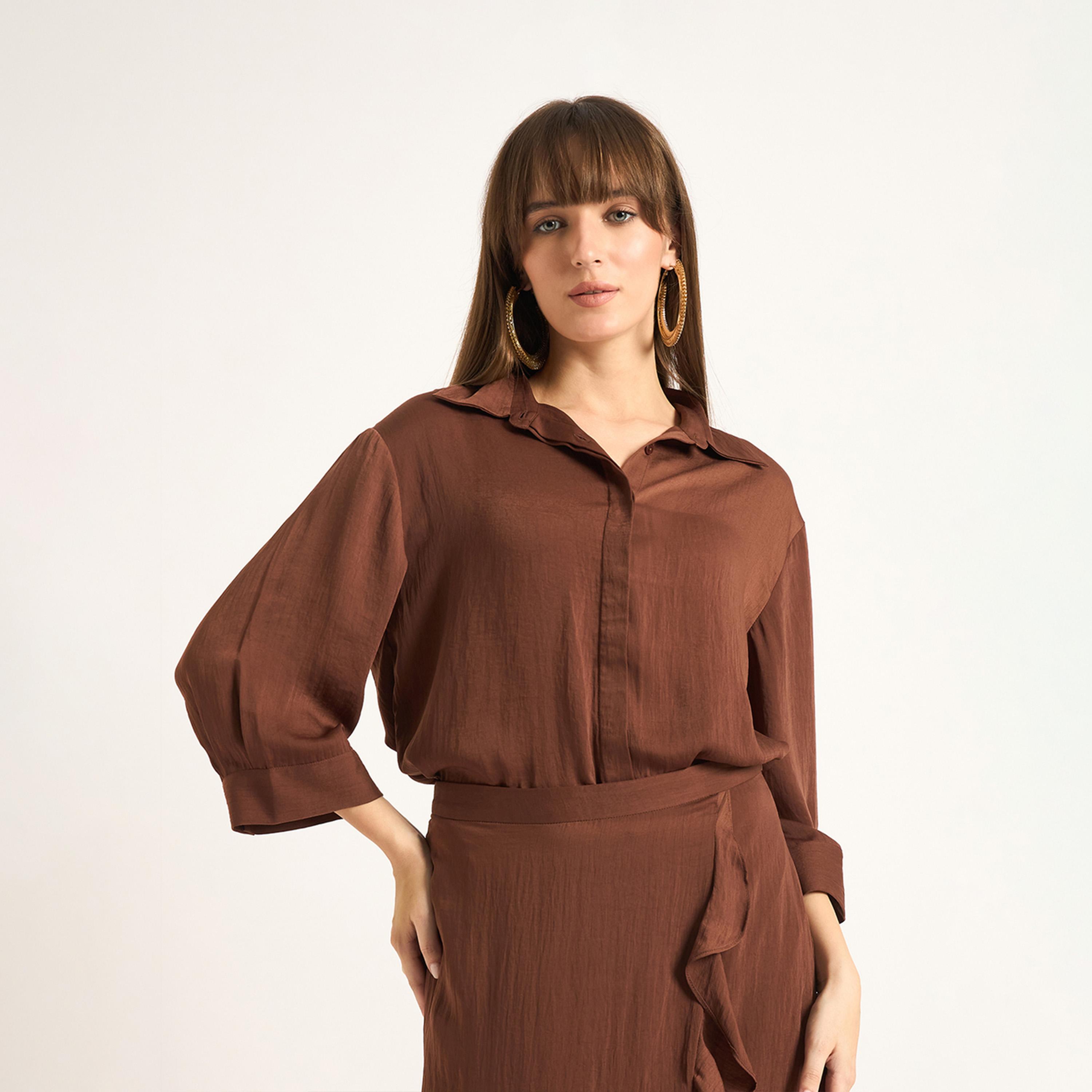 فيميلا × ستايلي - قميص ساتان باللون البني الفاتح-women-clothing-shirtsandblouses-shirts-image-1